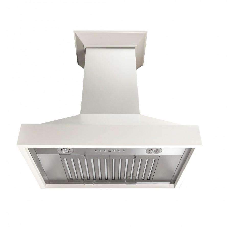 Cottage white wall mount range hood with stainless vent grille and two control lights