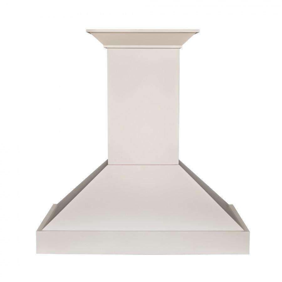 Cottage white chimney range hood with flared bottom canopy and straight sides