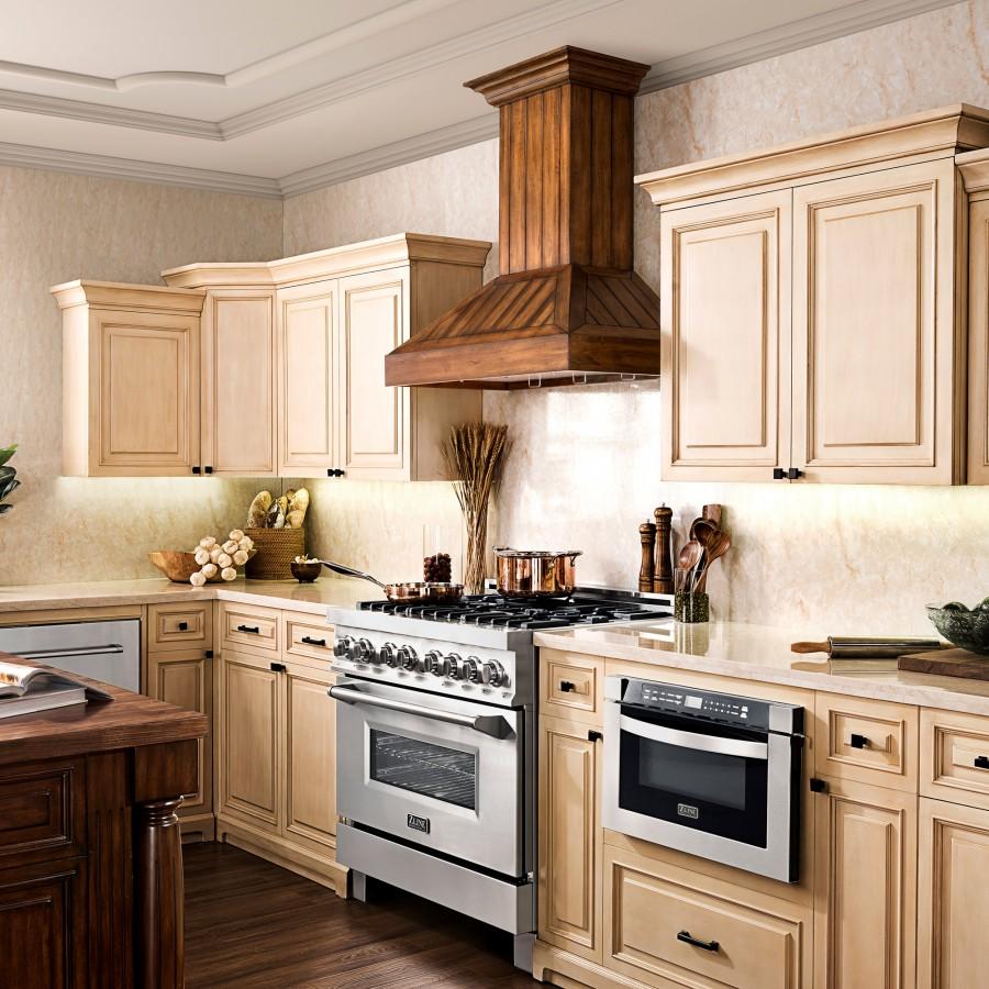 Rustic wooden wall range hood over a stainless gas range with cabinet trim