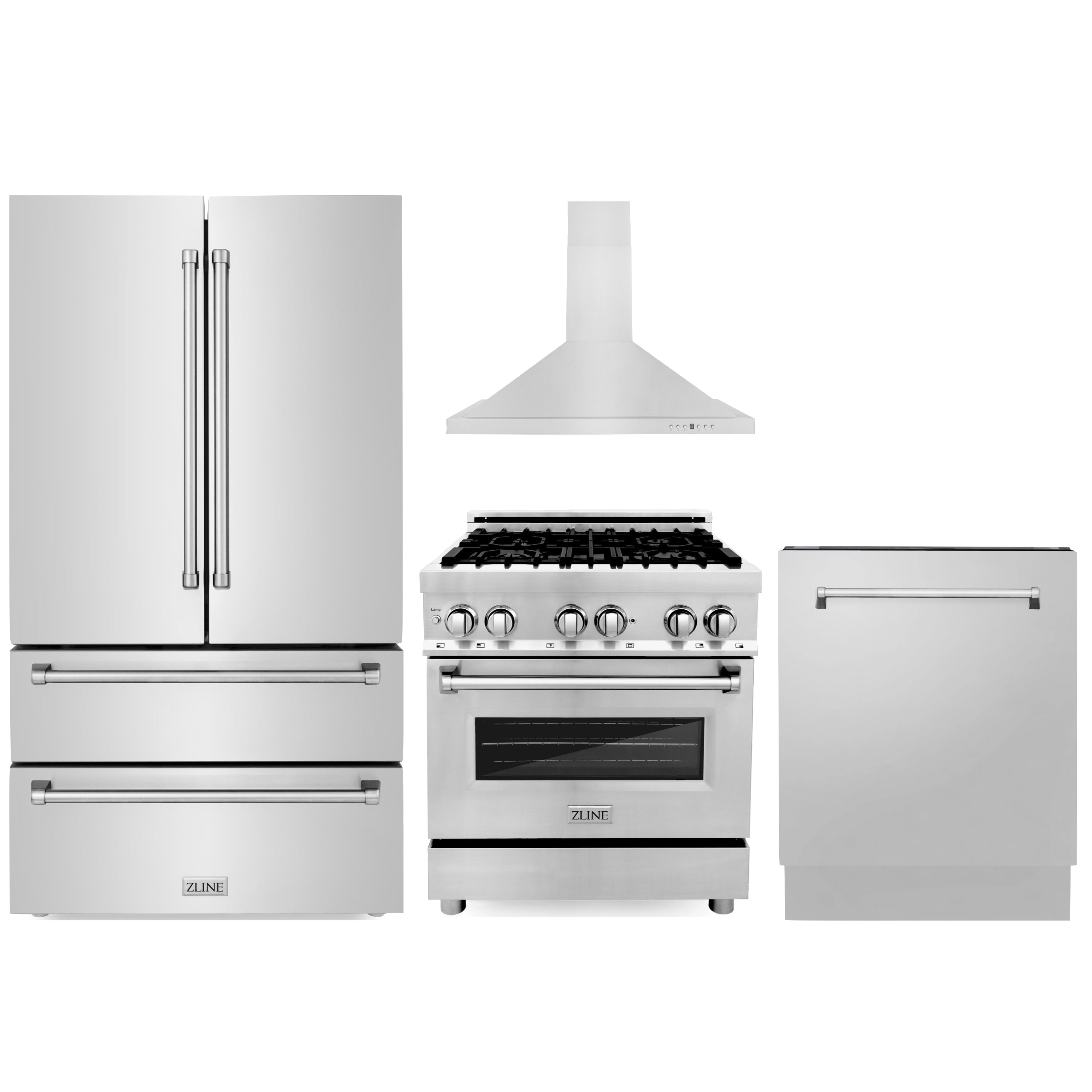 Stainless steel refrigerator, dual fuel range, and dishwasher with range hood