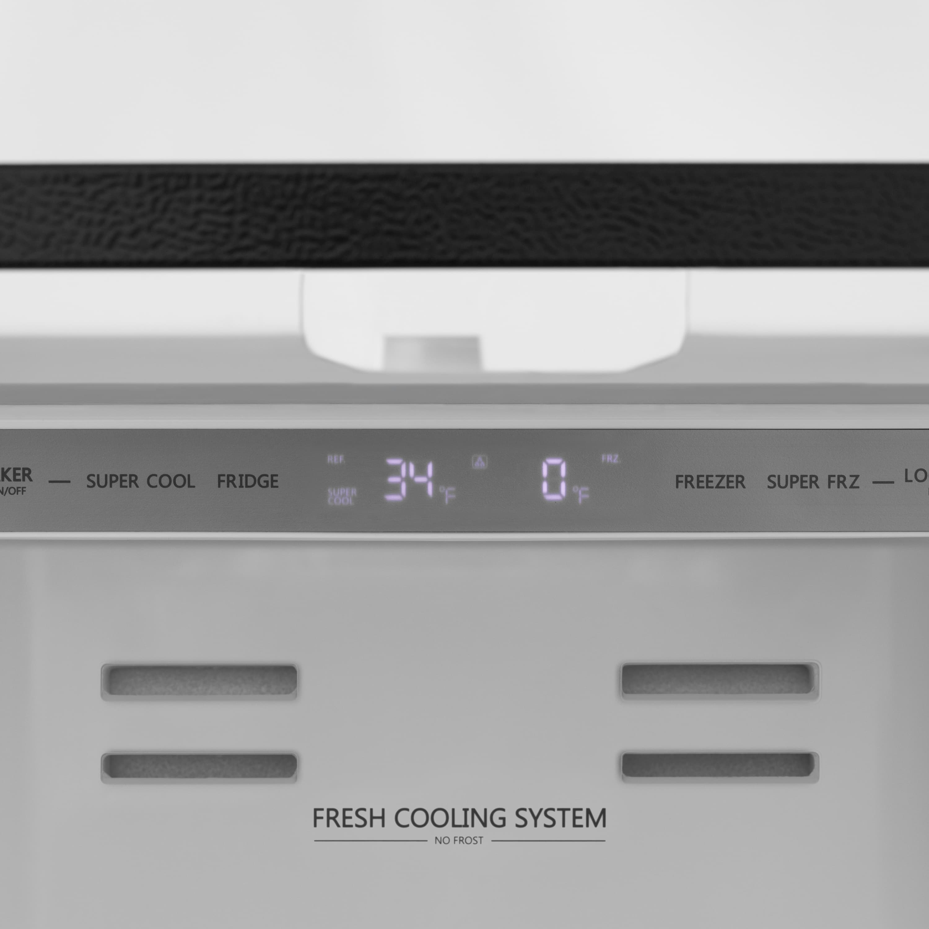 Refrigerator temperature control panel with digital display and buttons