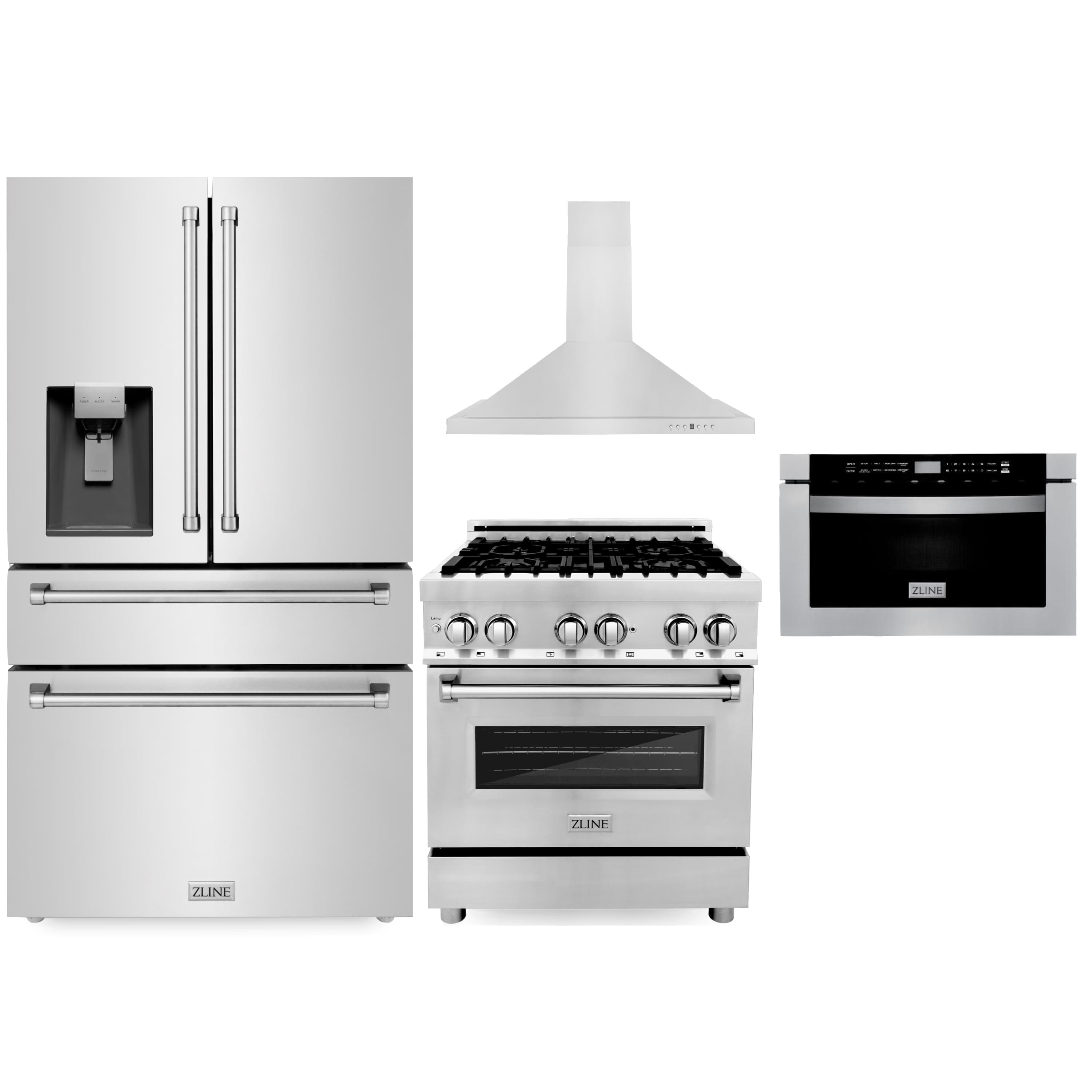 Stainless 4-piece appliance package showing refrigerator, range, hood, and oven