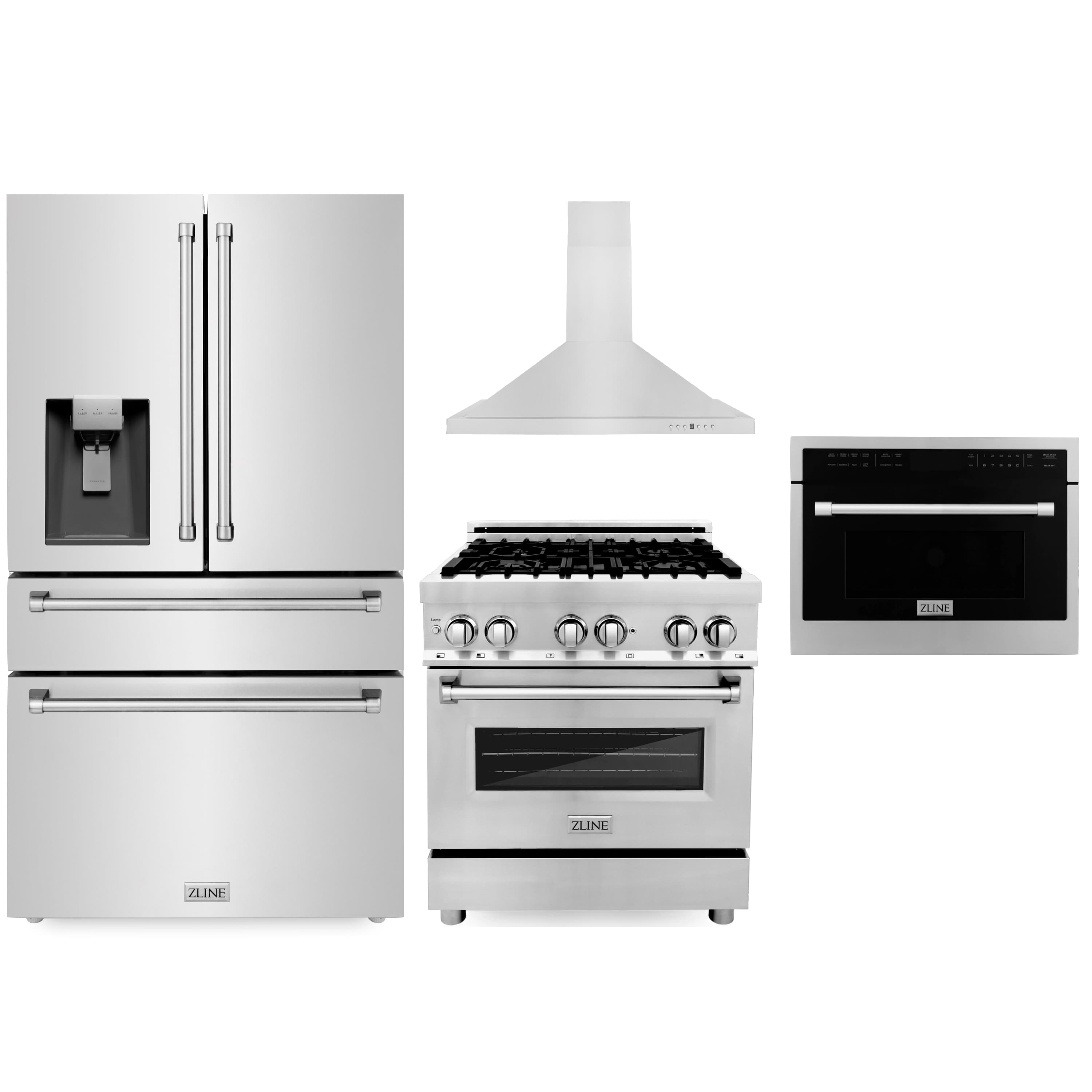 ZLINE four-piece appliance package lineup: refrigerator, range, microwave, range hood