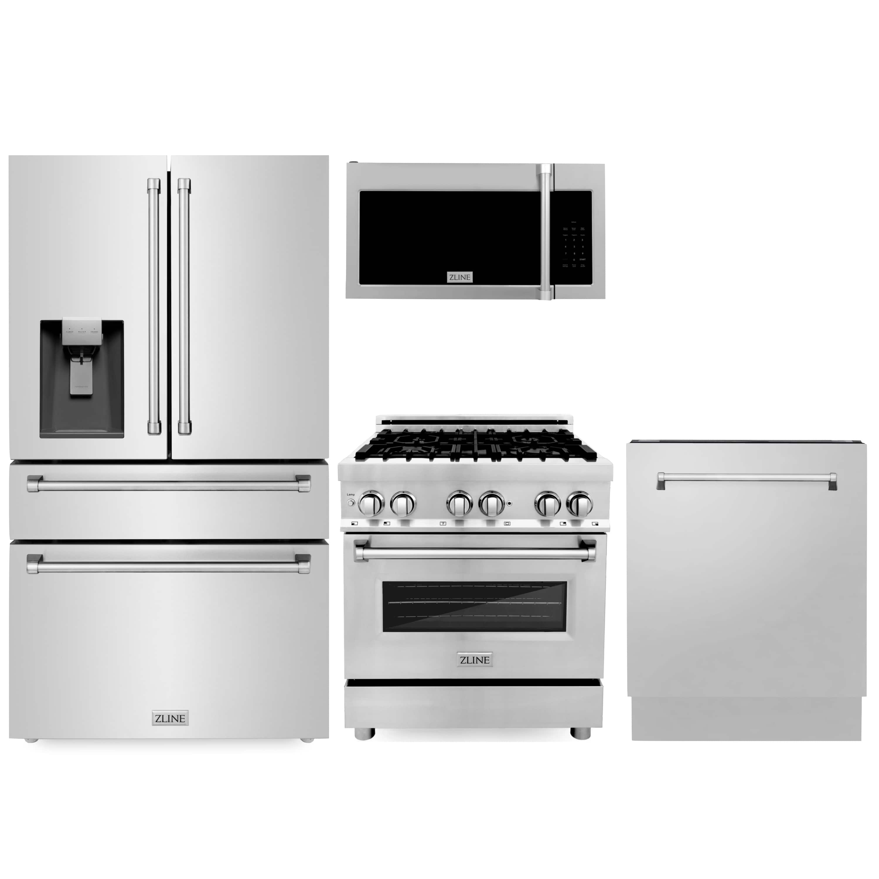 Stainless kitchen appliance set: microwave, dual fuel range, refrigerator, and dishwasher