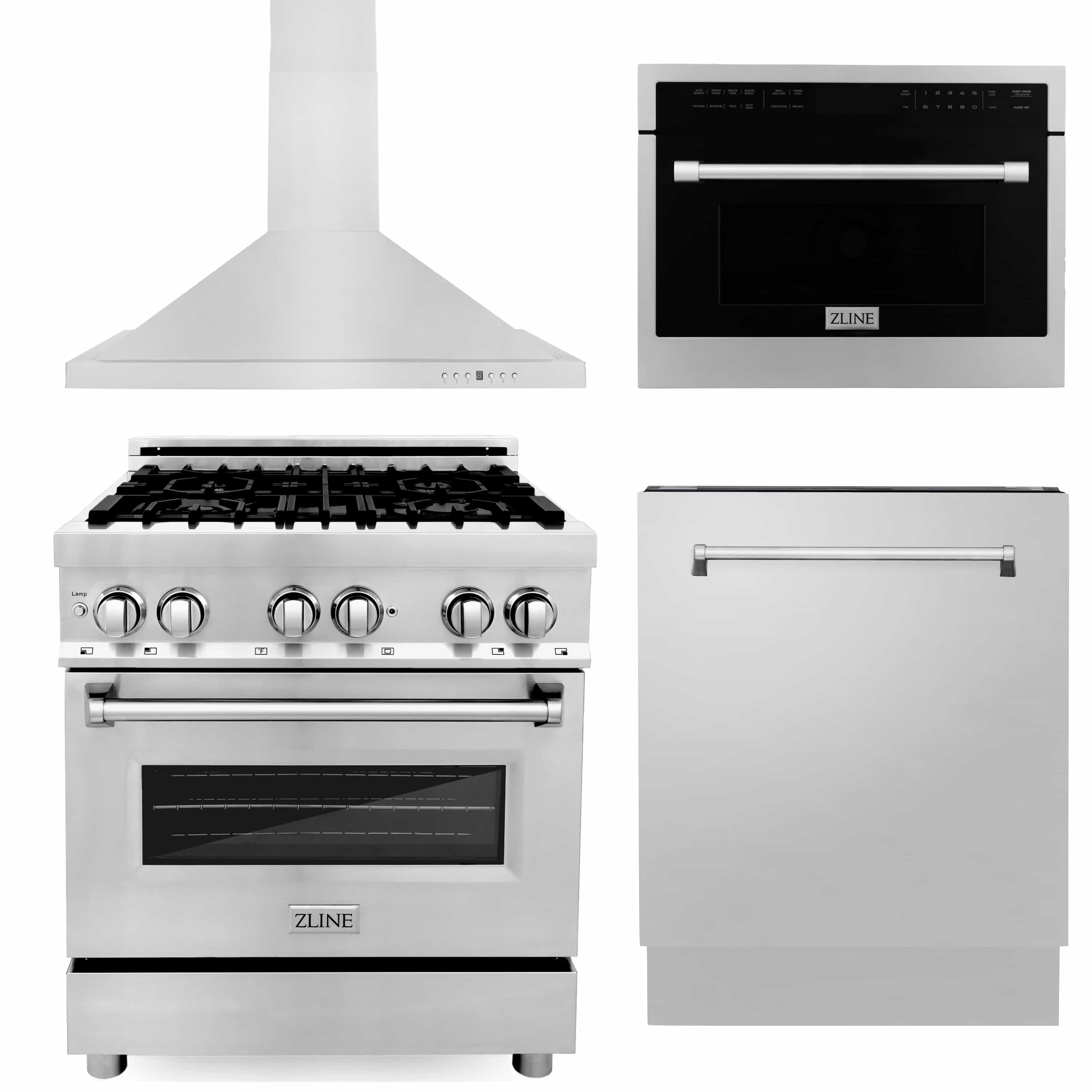 White kitchen appliance set showing range, dishwasher, microwave, and range hood