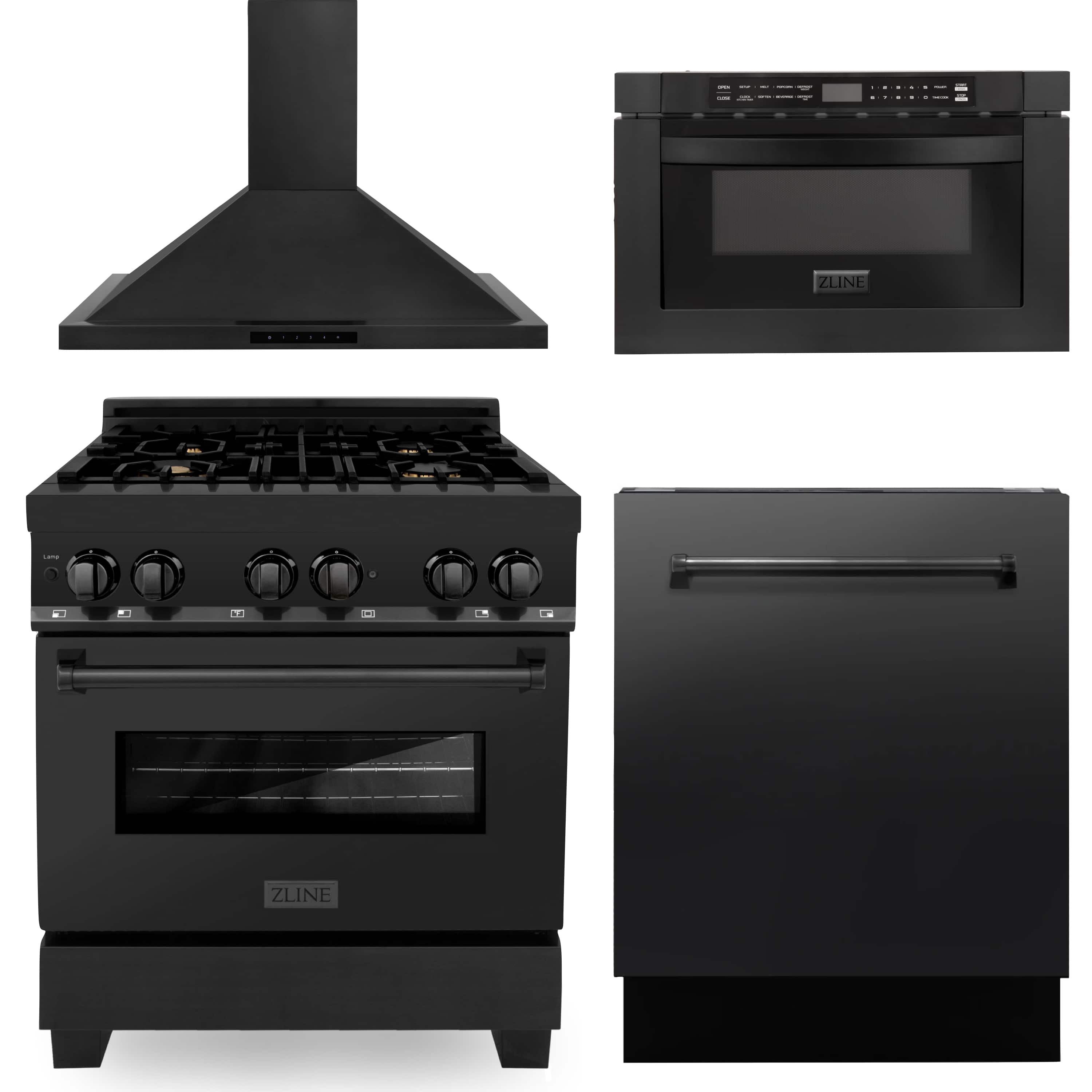 Black kitchen appliance set: range hood, gas range, and built-in oven