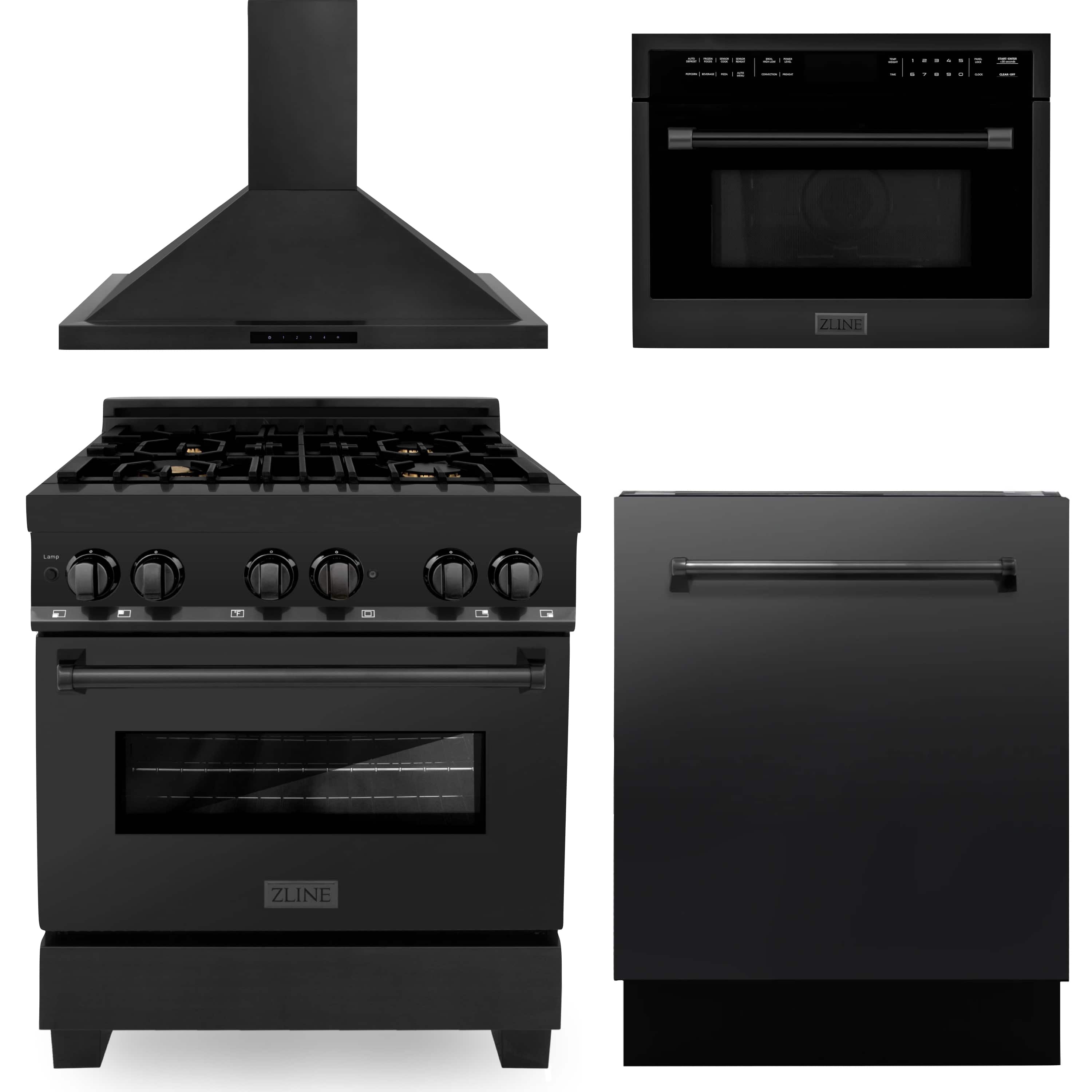 ZLINE 4-piece set: black dual fuel range, chimney hood, microwave, dishwasher