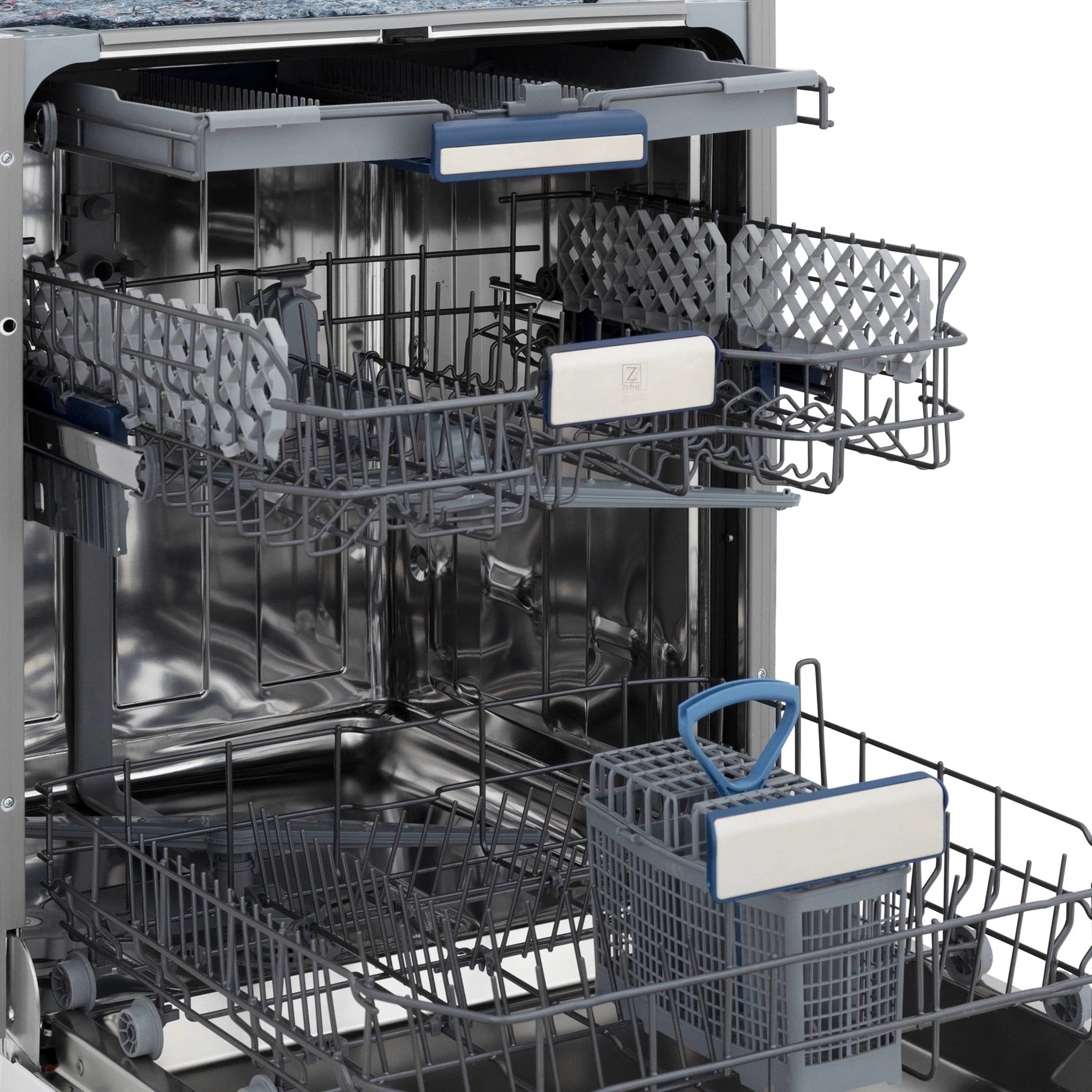 ZLINE dishwasher interior with upper and lower racks and spray arms