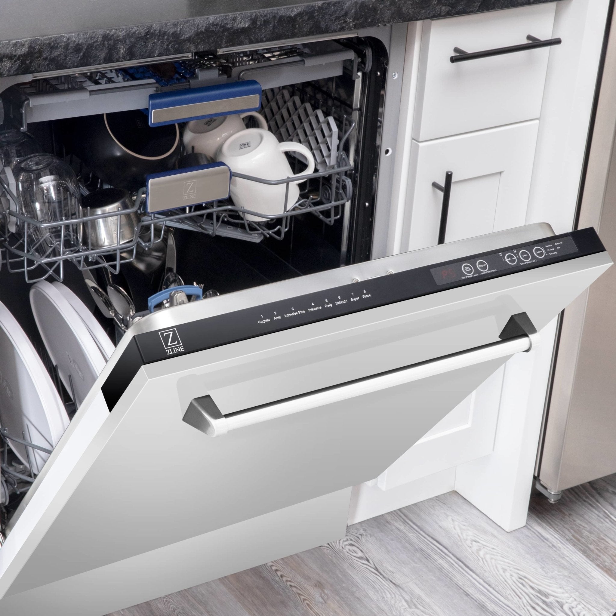 Stainless dishwasher with open door, interior racks, and control panel