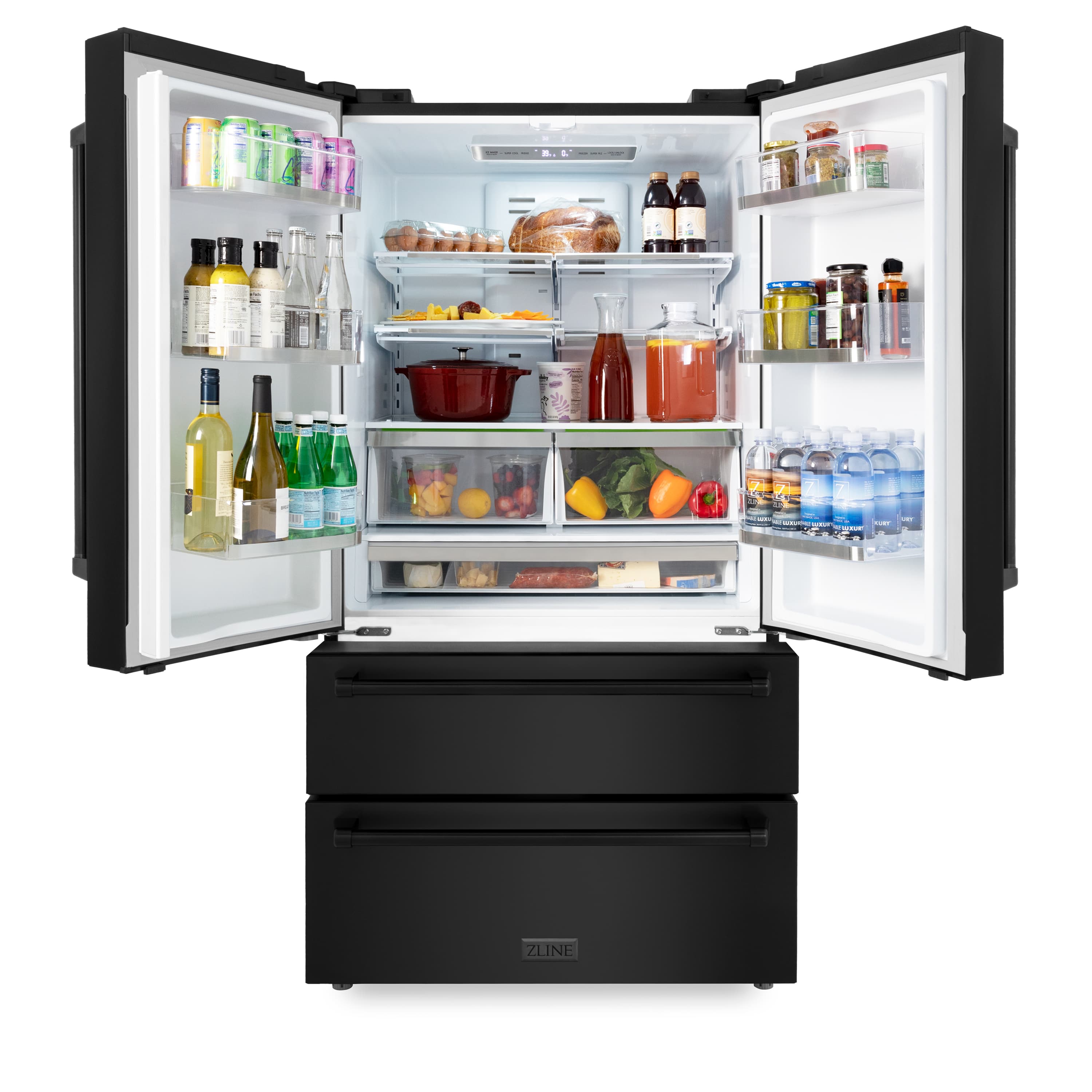 Black refrigerator/freezer with open doors showing shelves, bins, and crisper drawers