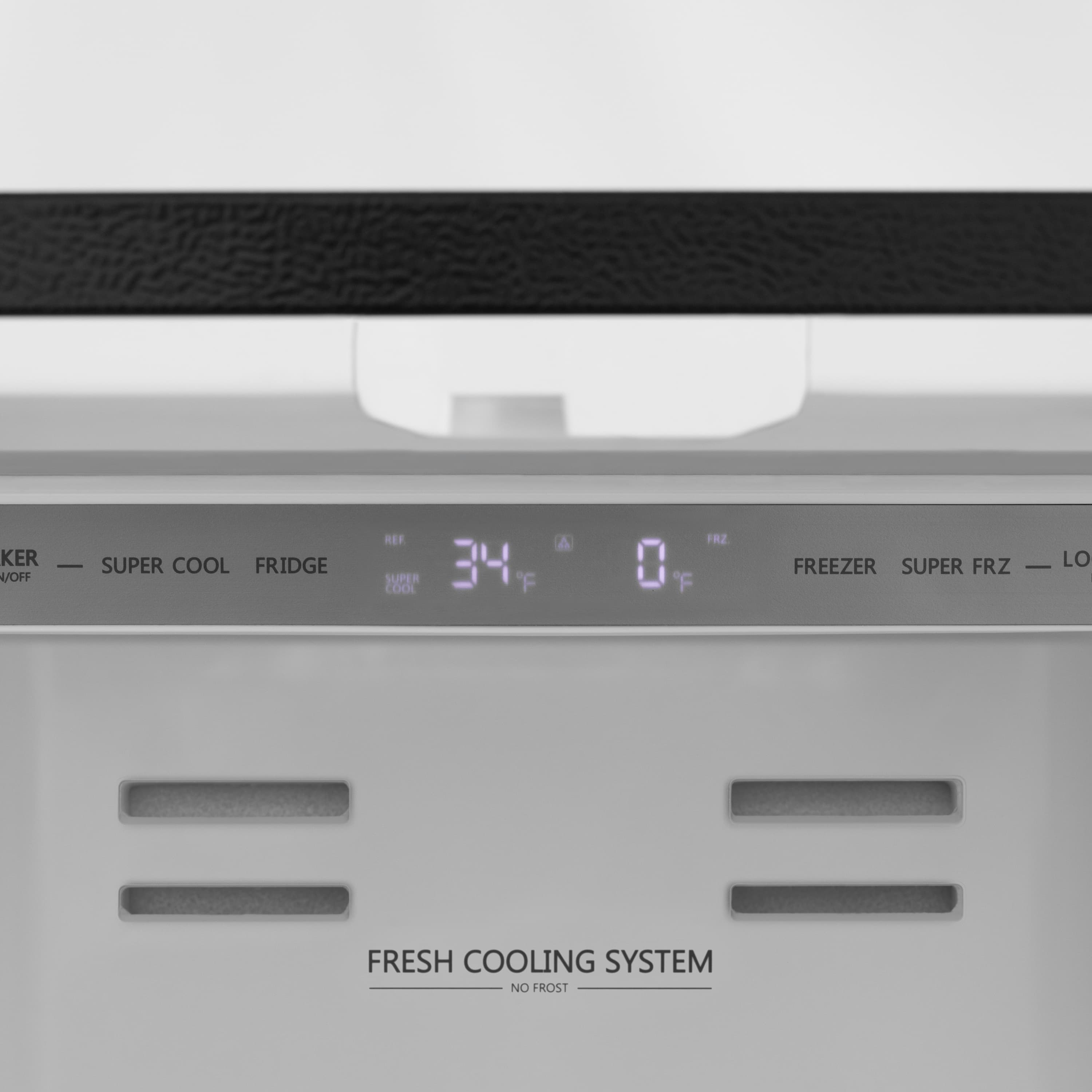 Refrigerator display panel with LED temperature numbers and Fresh Cooling System label