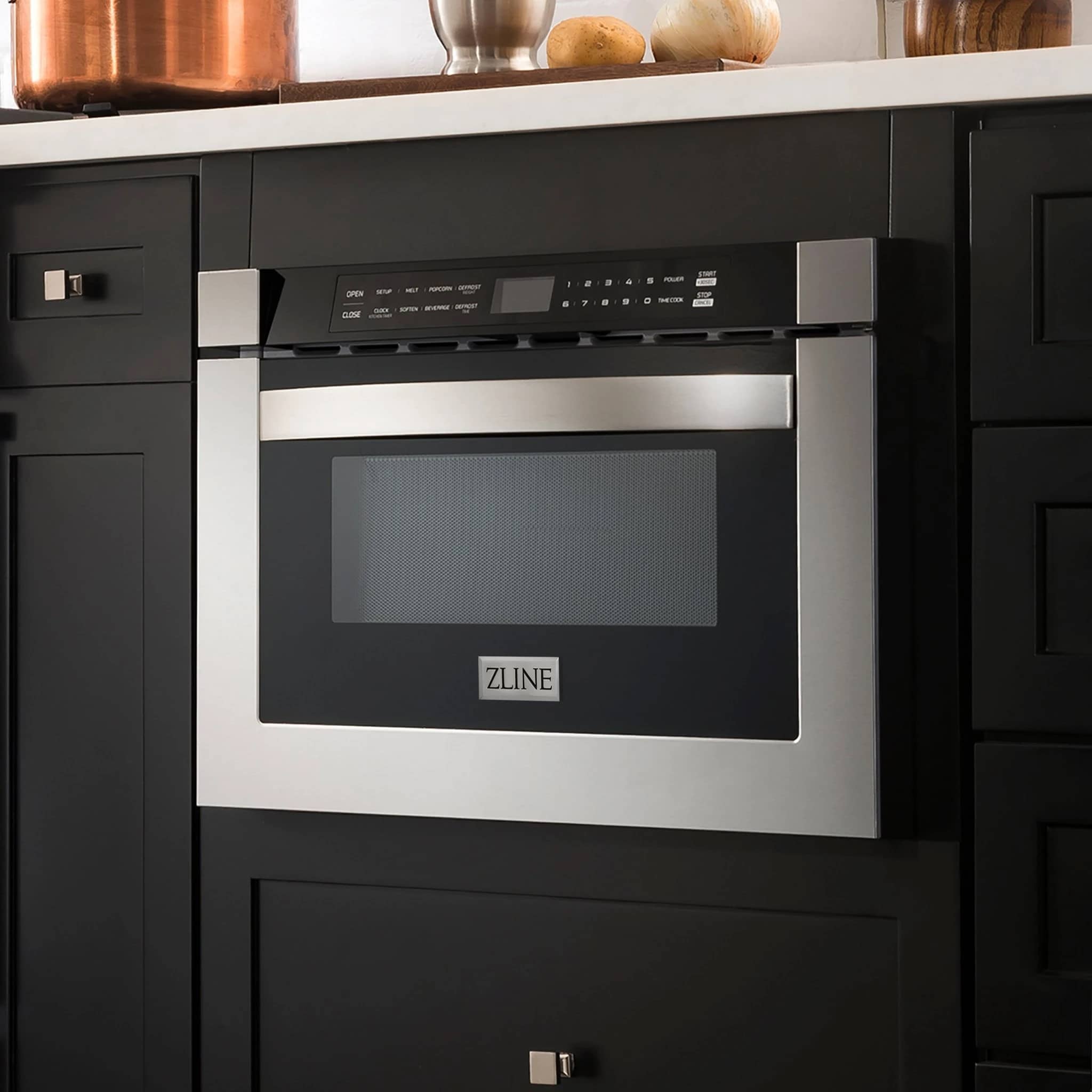 ZLINE microwave drawer with stainless frame and dark interior window