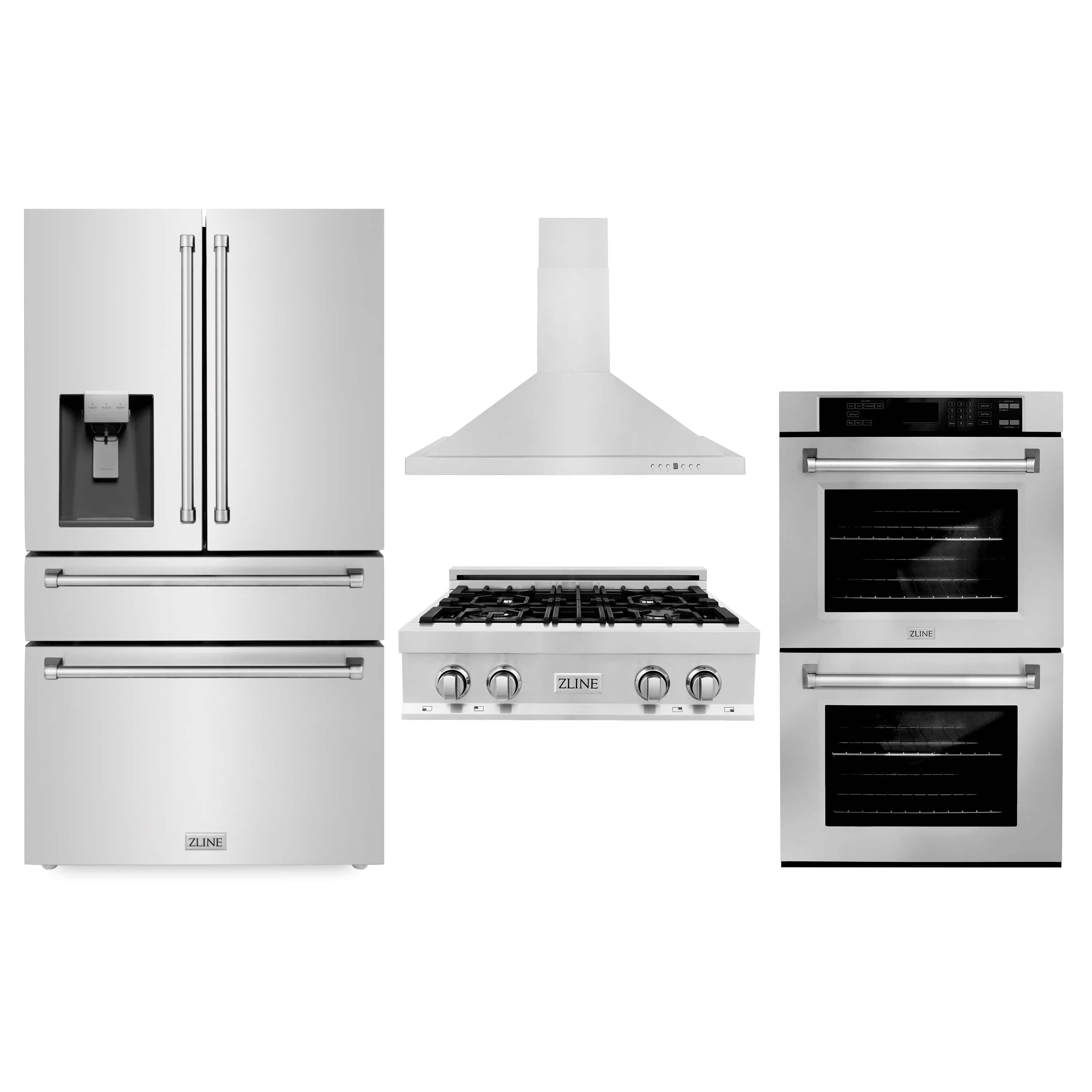 Stainless ZLINE appliance set front view: refrigerator, range hood, rangetop and wall oven