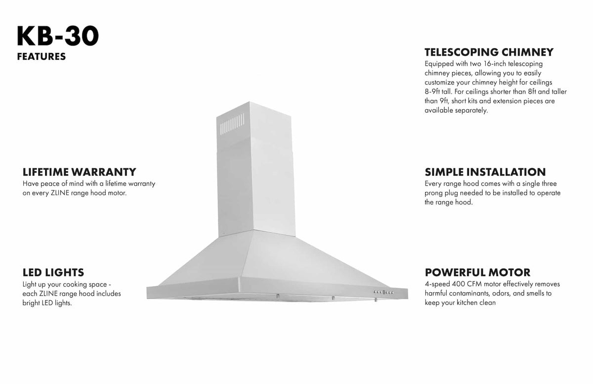 Stainless steel chimney range hood with telescoping design for 30-inch installation