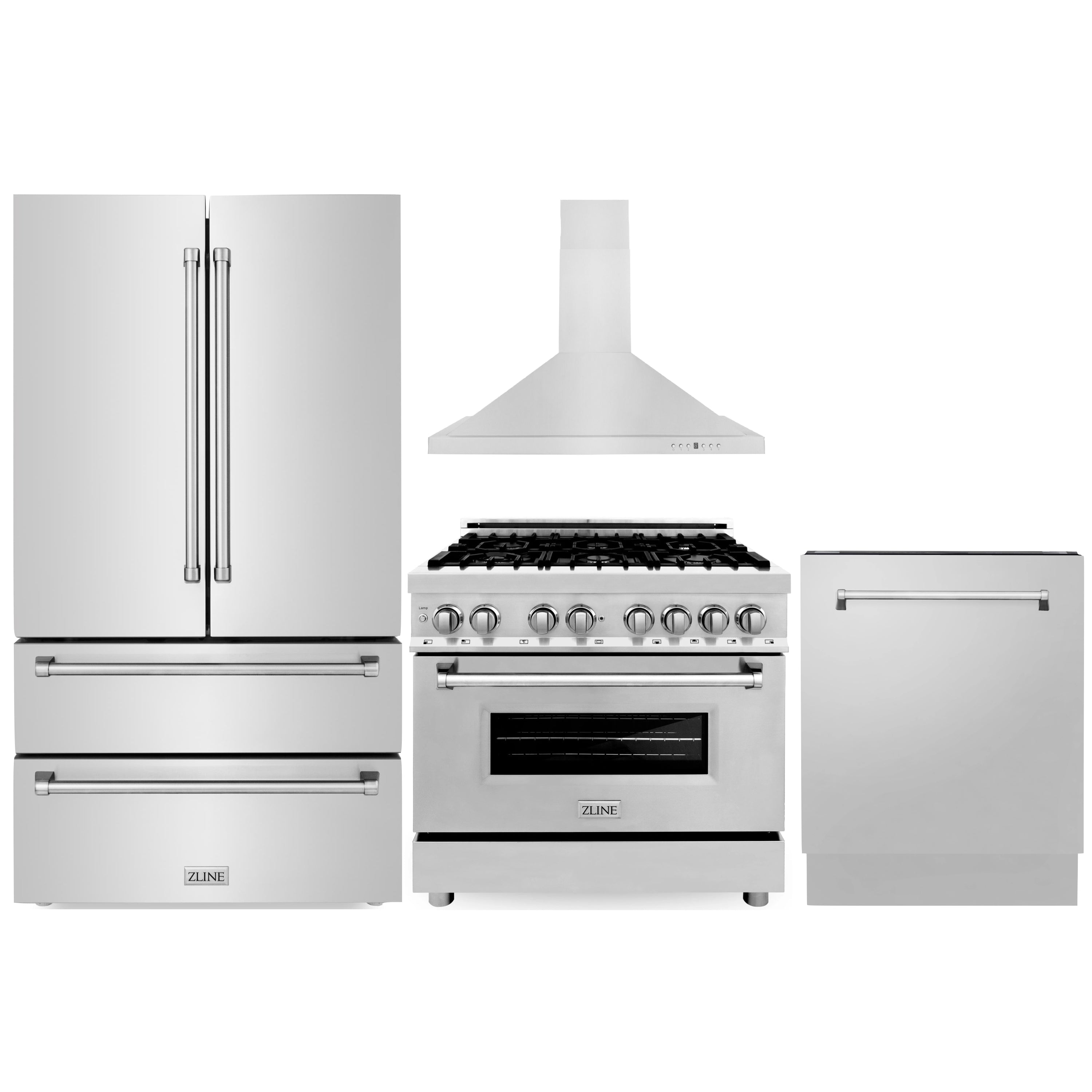 Stainless steel kitchen appliance package with refrigerator, dual fuel range, and dishwasher