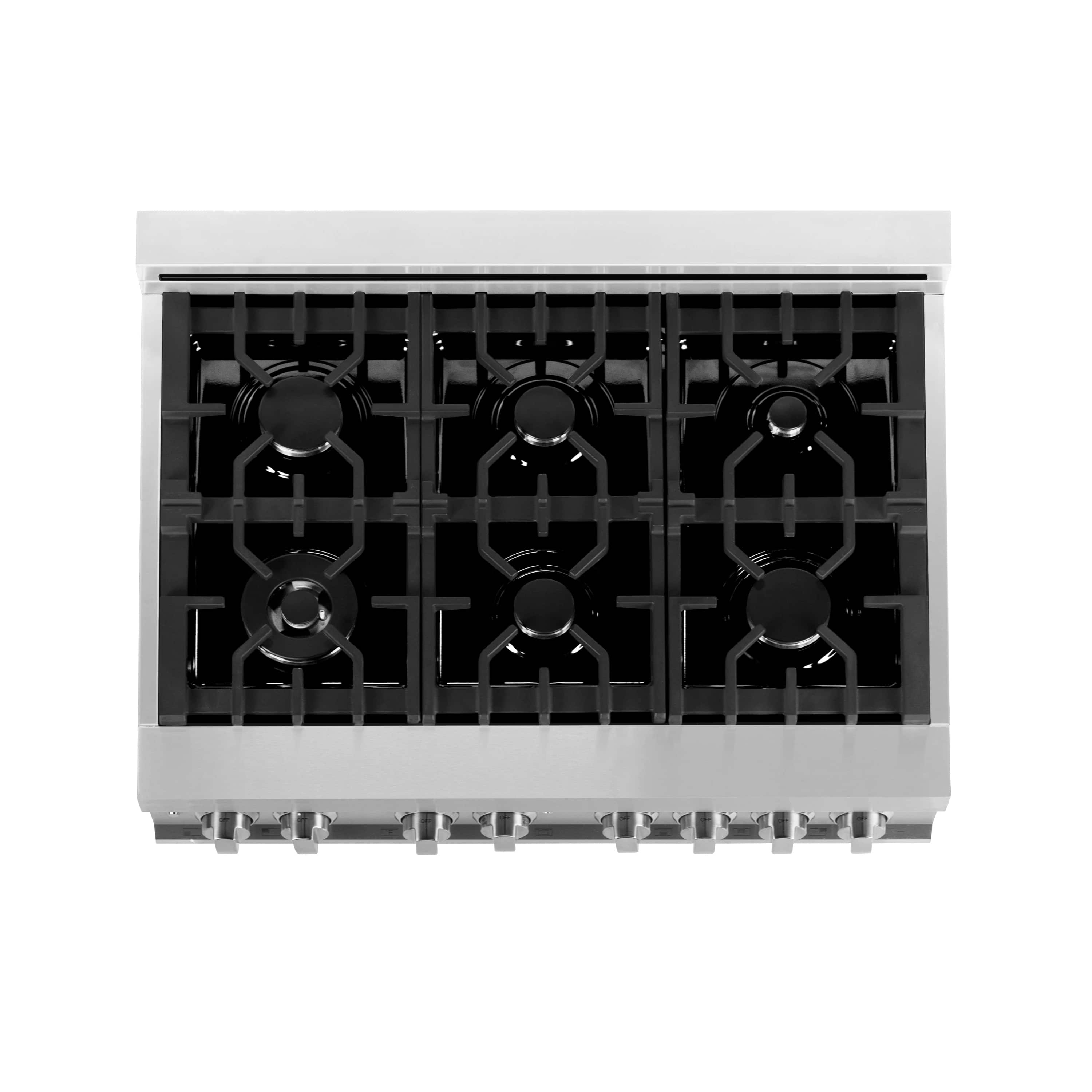Stainless steel gas cooktop with black burner grates and six burner heads