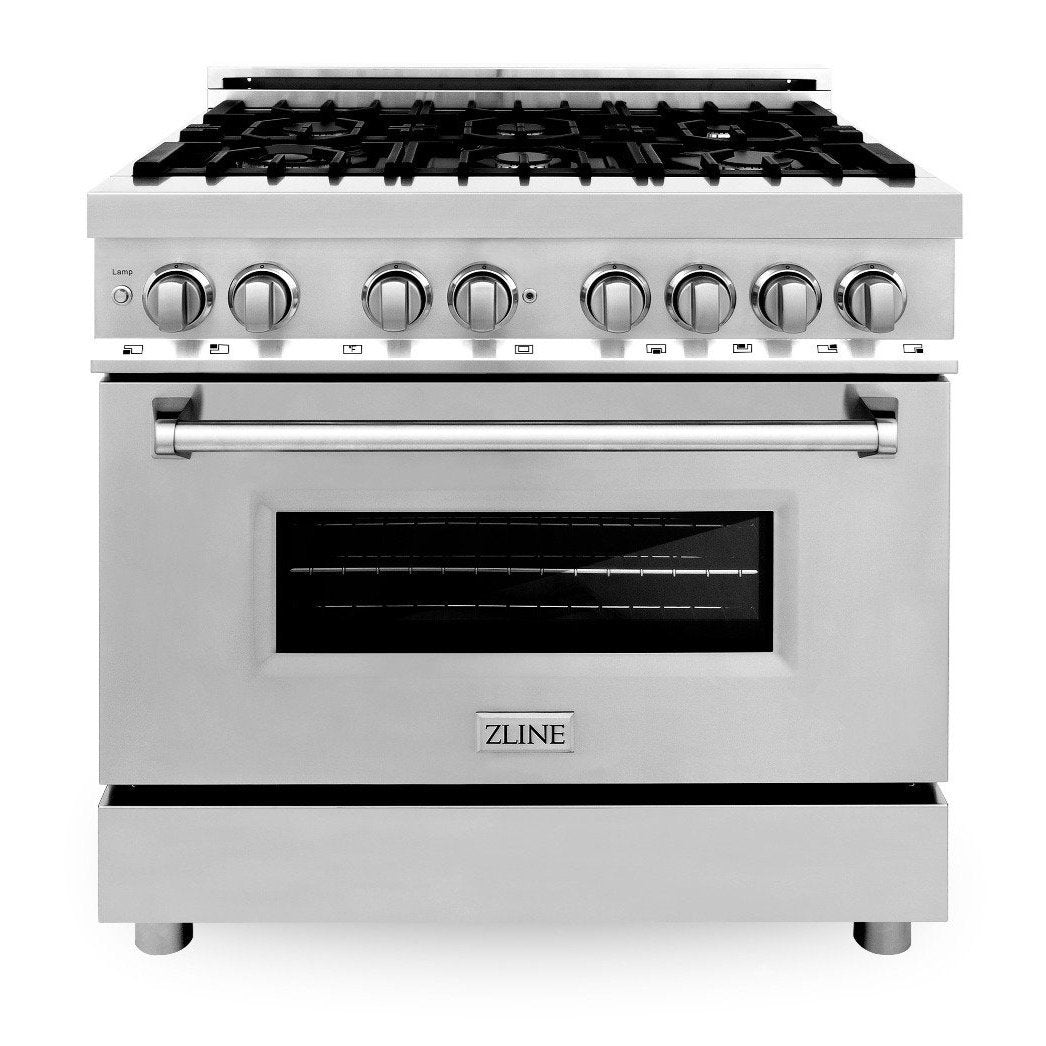 Stainless steel dual-fuel range with black cooktop grates and front control knobs