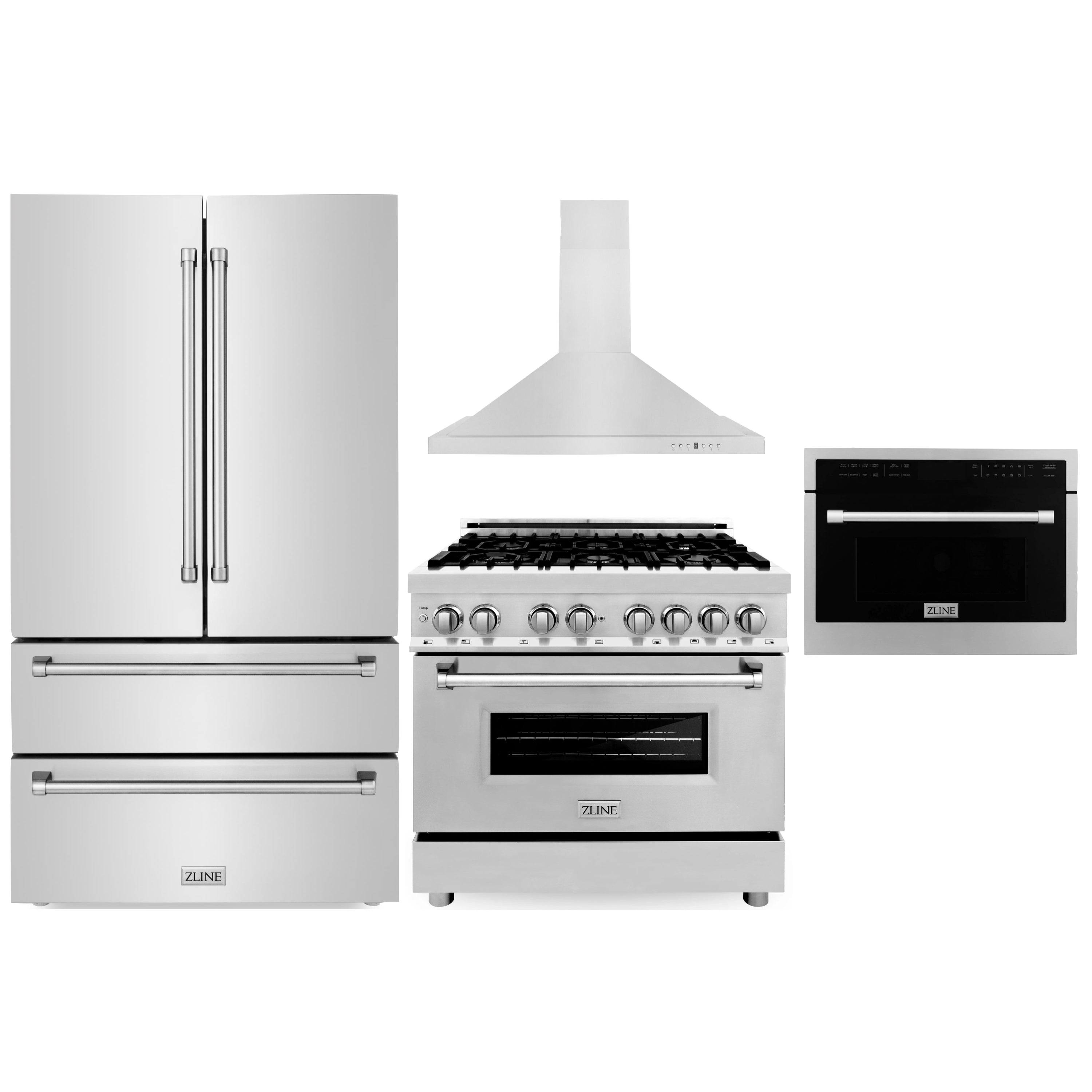 White appliance package featuring refrigerator, dual fuel range, hood, and built-in oven