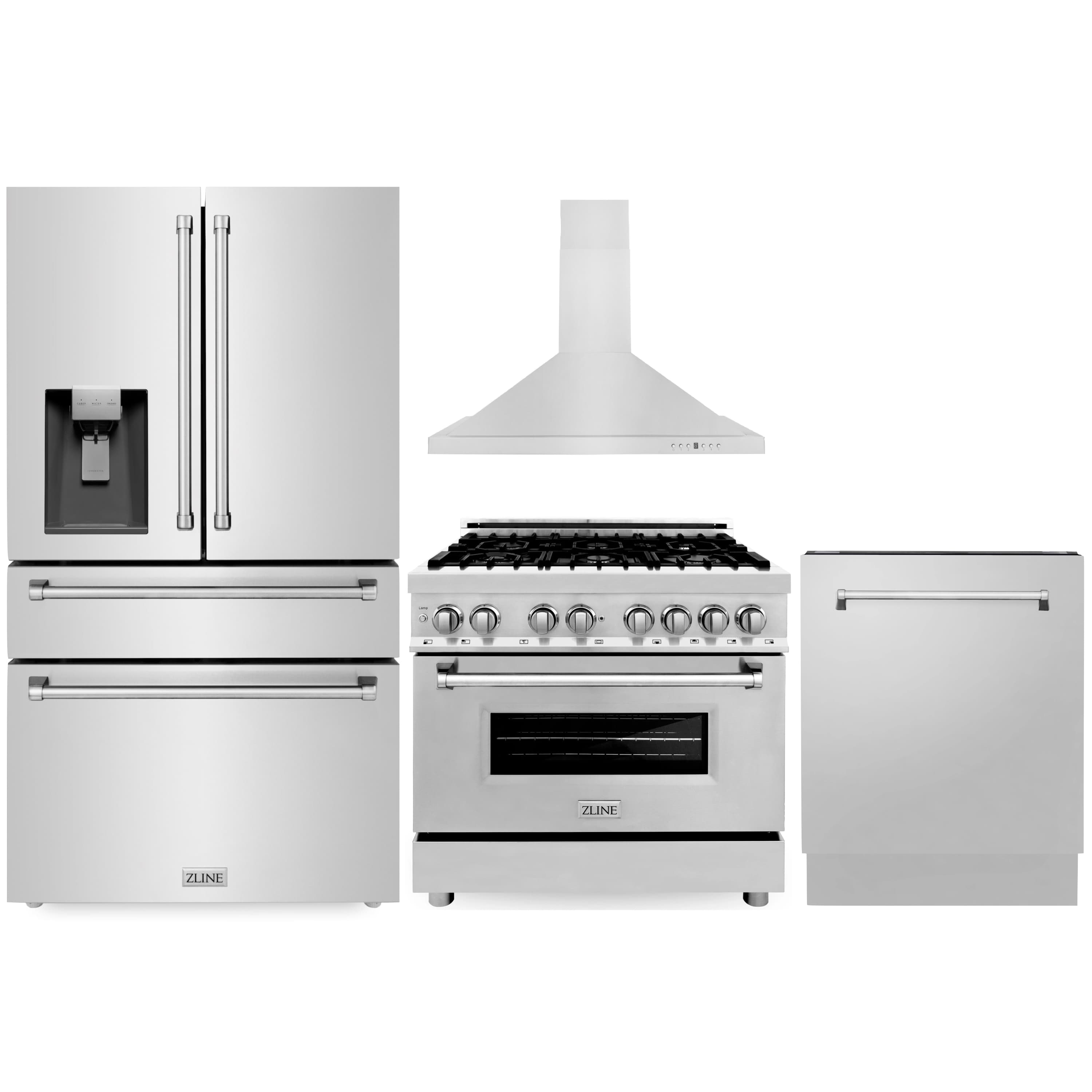 Stainless steel appliance bundle with refrigerator, range, range hood, and dishwasher