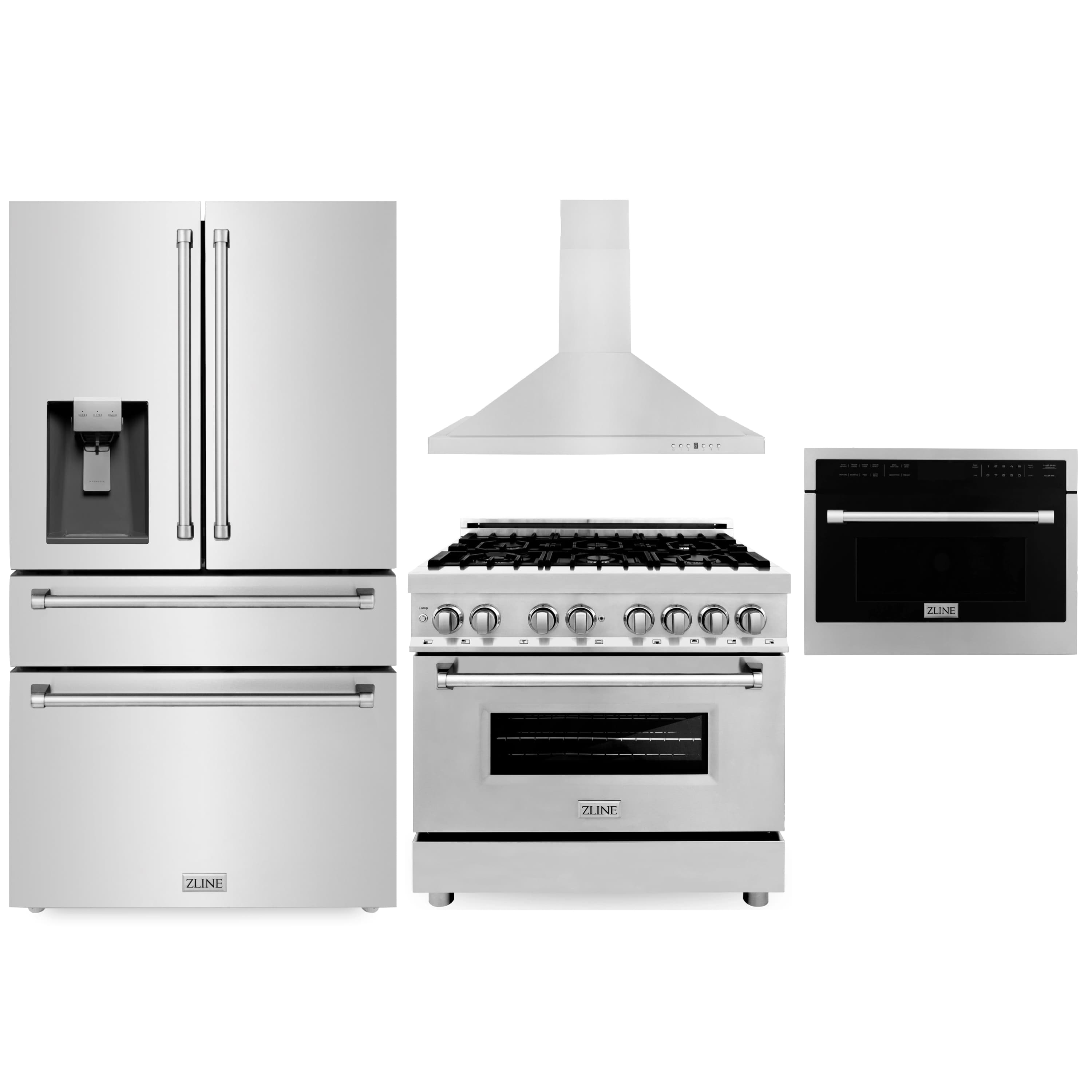 Stainless four-piece appliance set: refrigerator, range, oven, hood