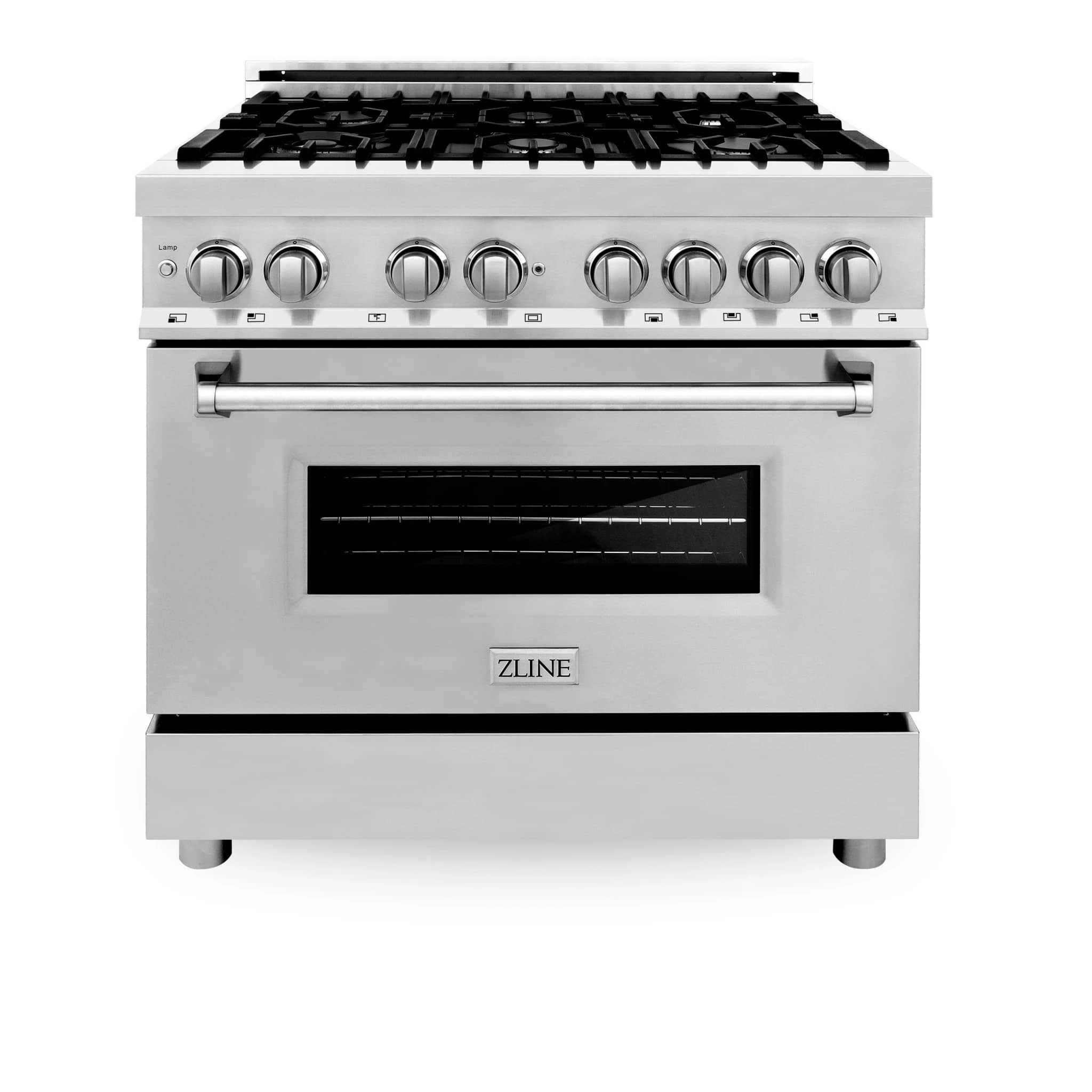 Stainless ZLINE dual-fuel range front with six knob controls and oven door