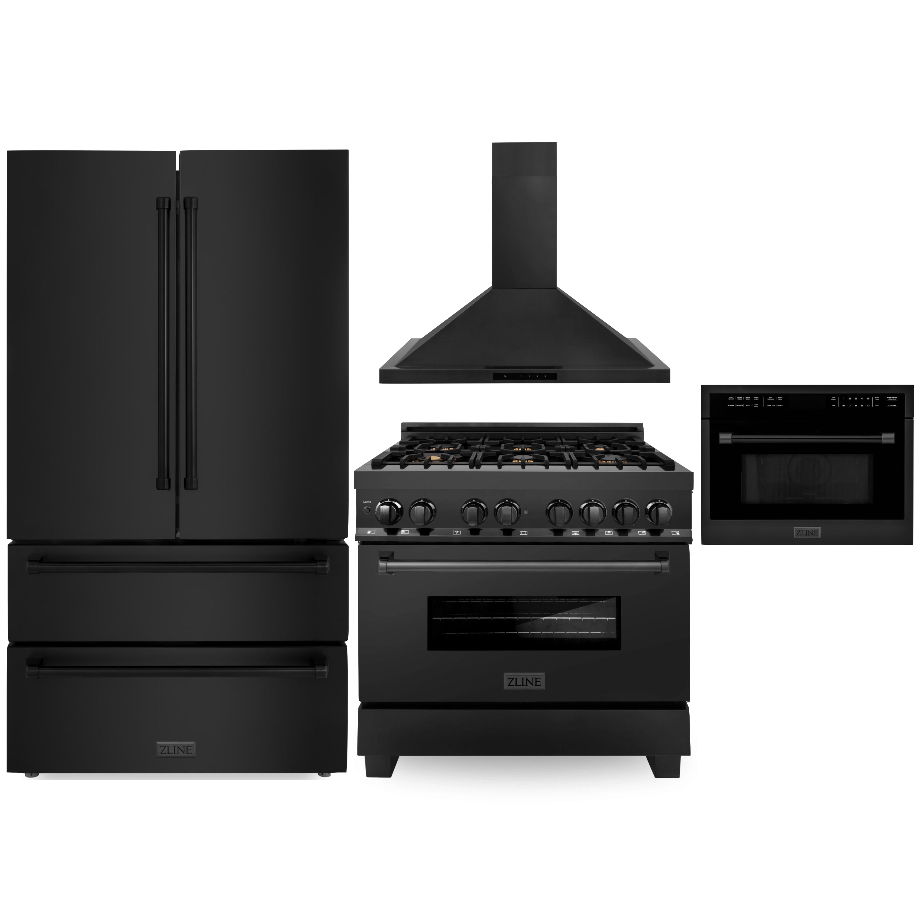 Black appliance set with refrigerator, dual fuel range, wall oven, and vent hood