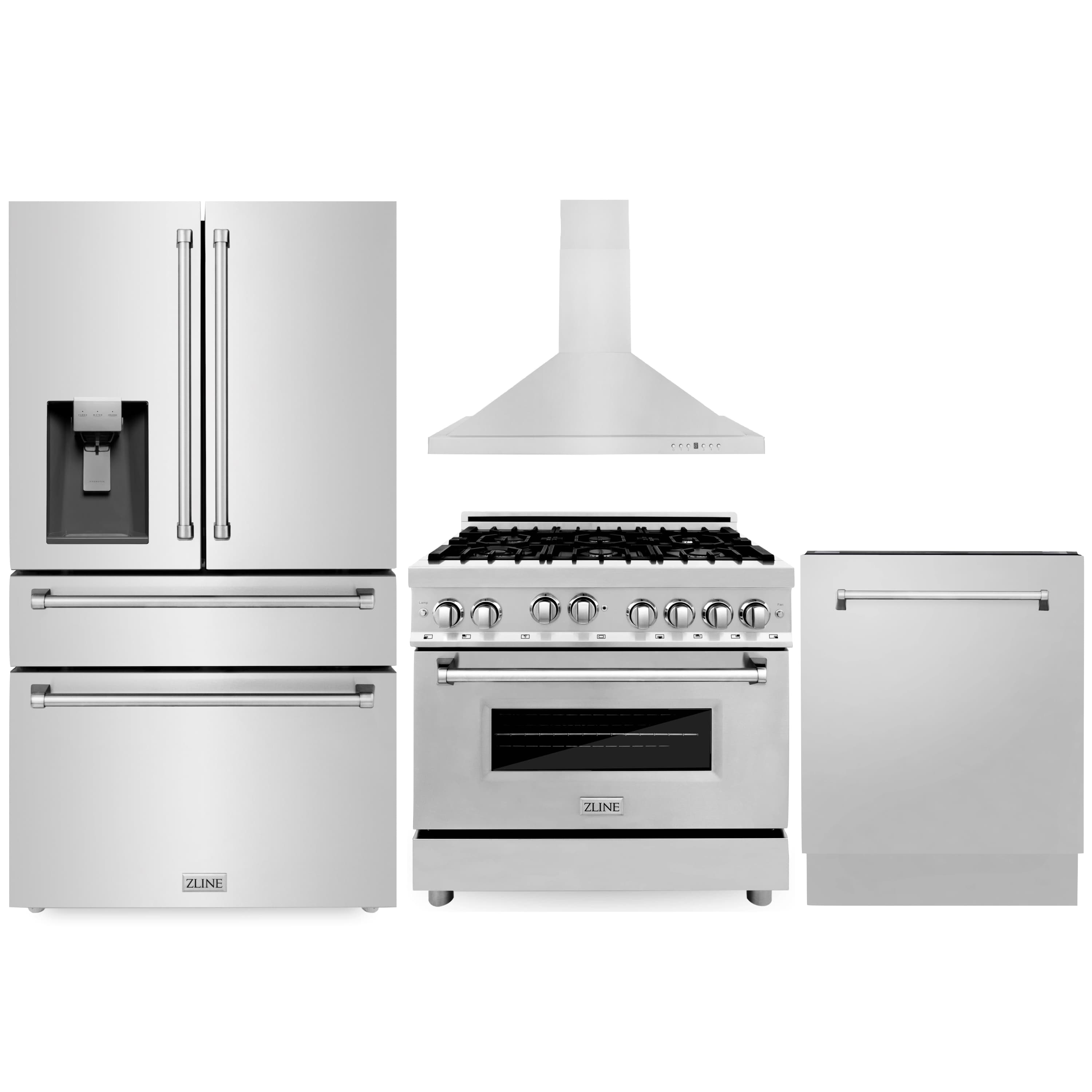 Stainless kitchen appliance package with refrigerator, gas range, hood, and dishwasher