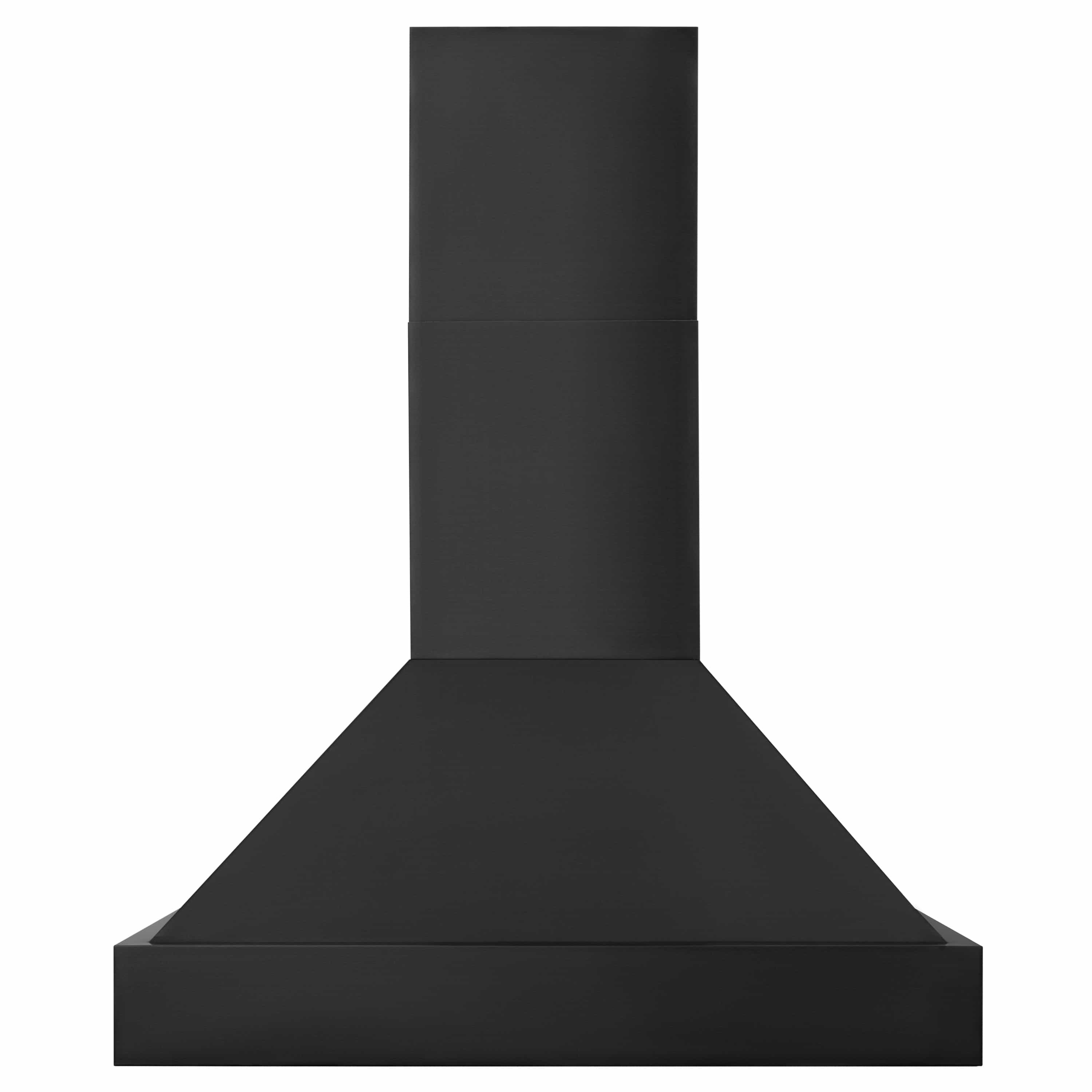 Black range hood chimney and canopy in a simple standalone view