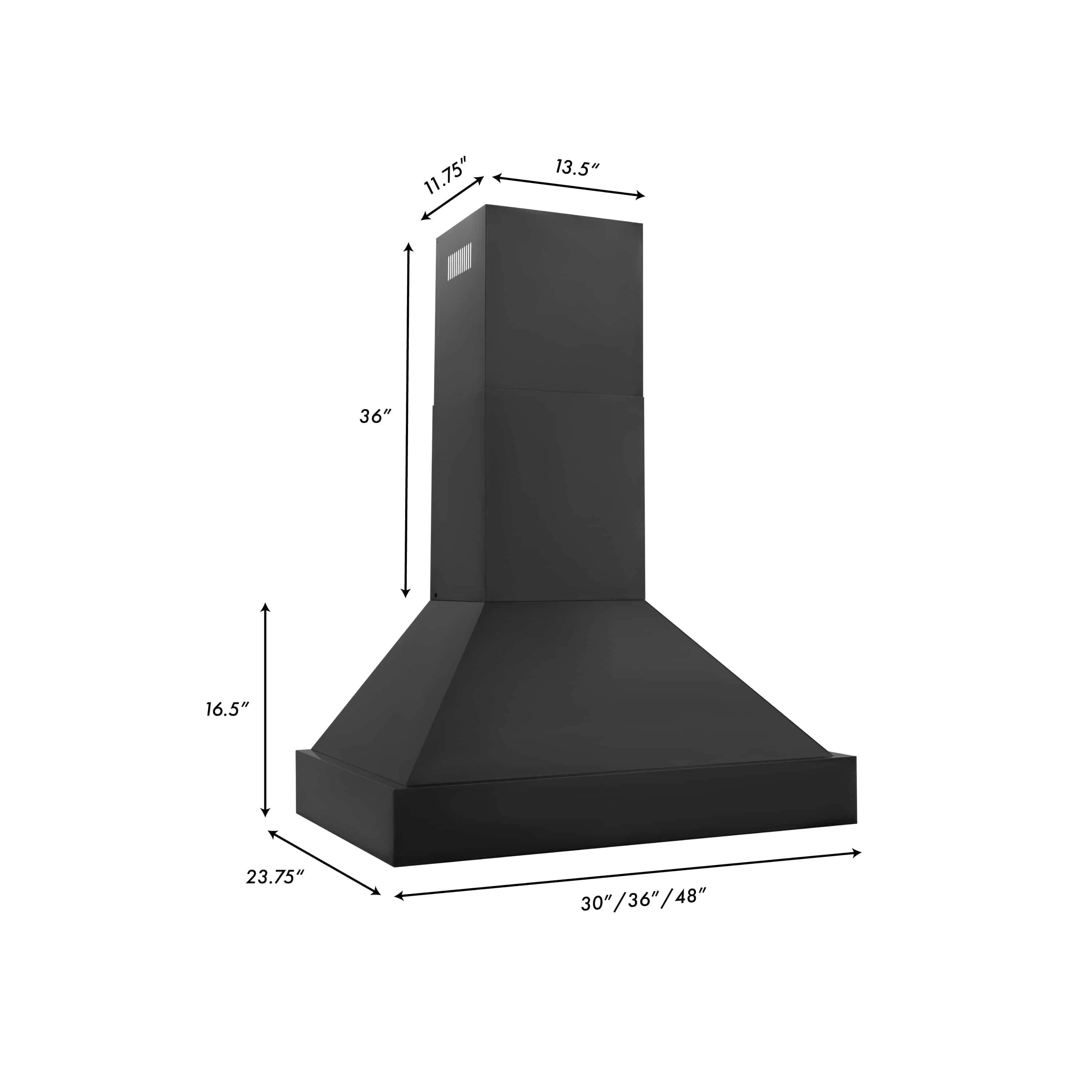 Black range hood chimney and canopy with height and width dimension diagram
