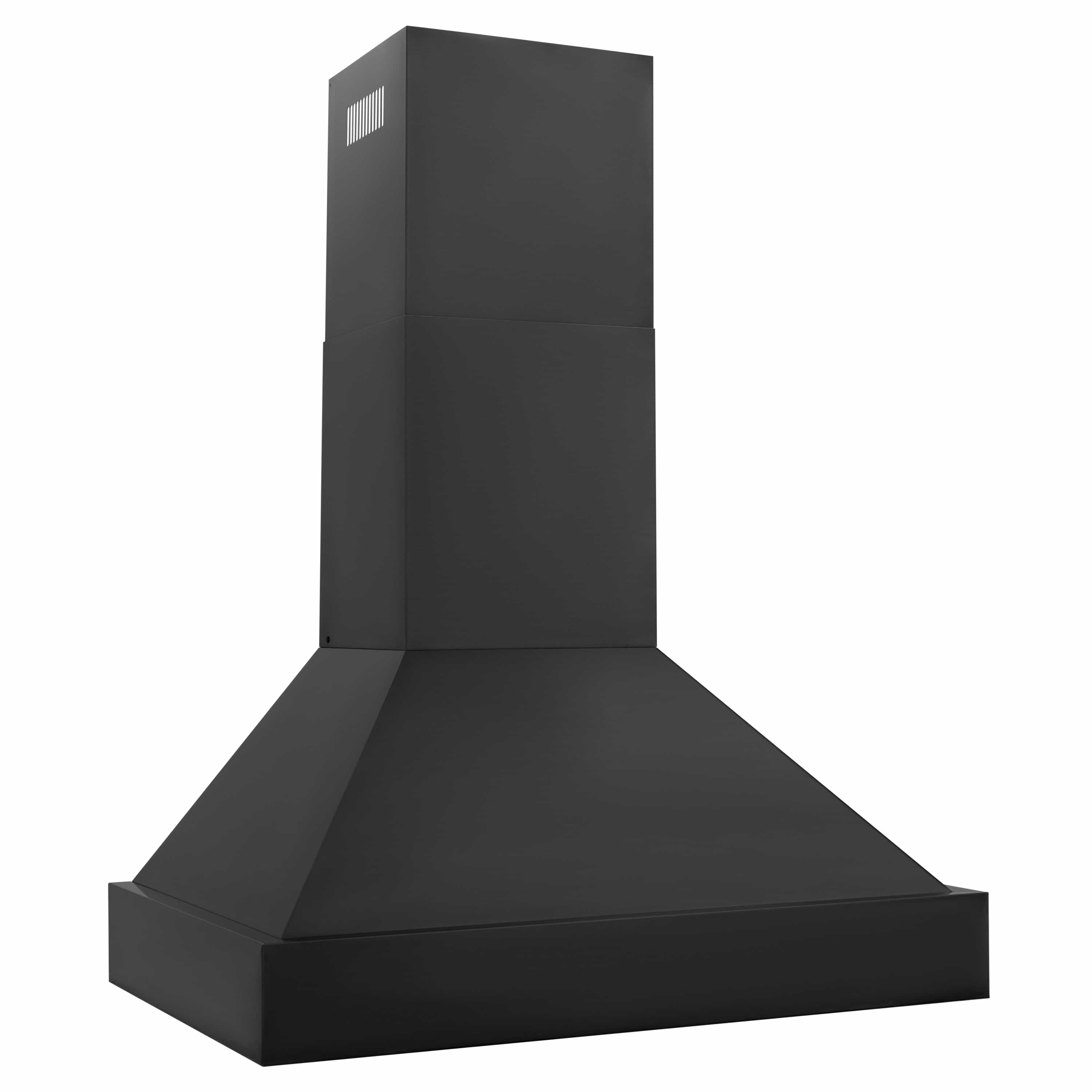 Black range hood with wide canopy base and tall back chimney section