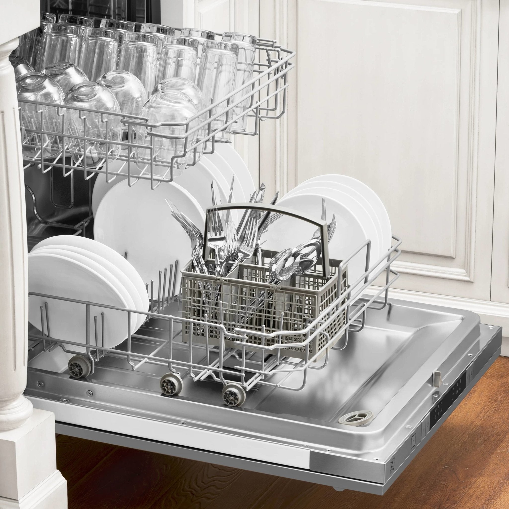 Built-in dishwasher with open door, stainless tub, and wire racks