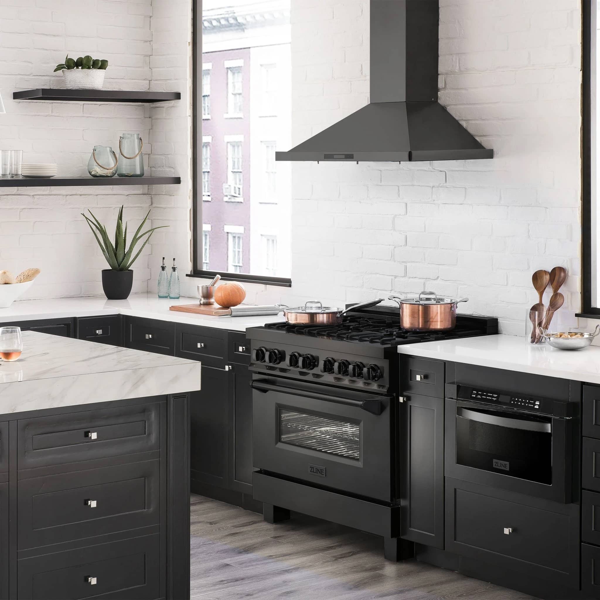 Black stainless range with wall-mounted hood