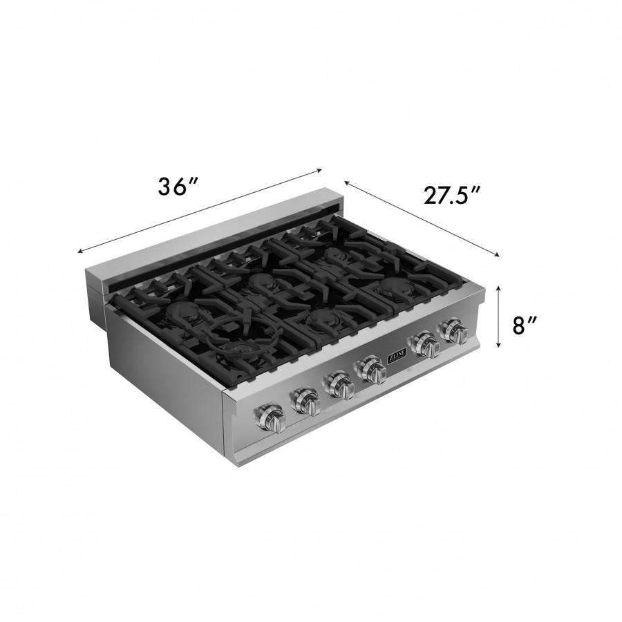 36-inch gas cooktop with black grate layout and front knob controls