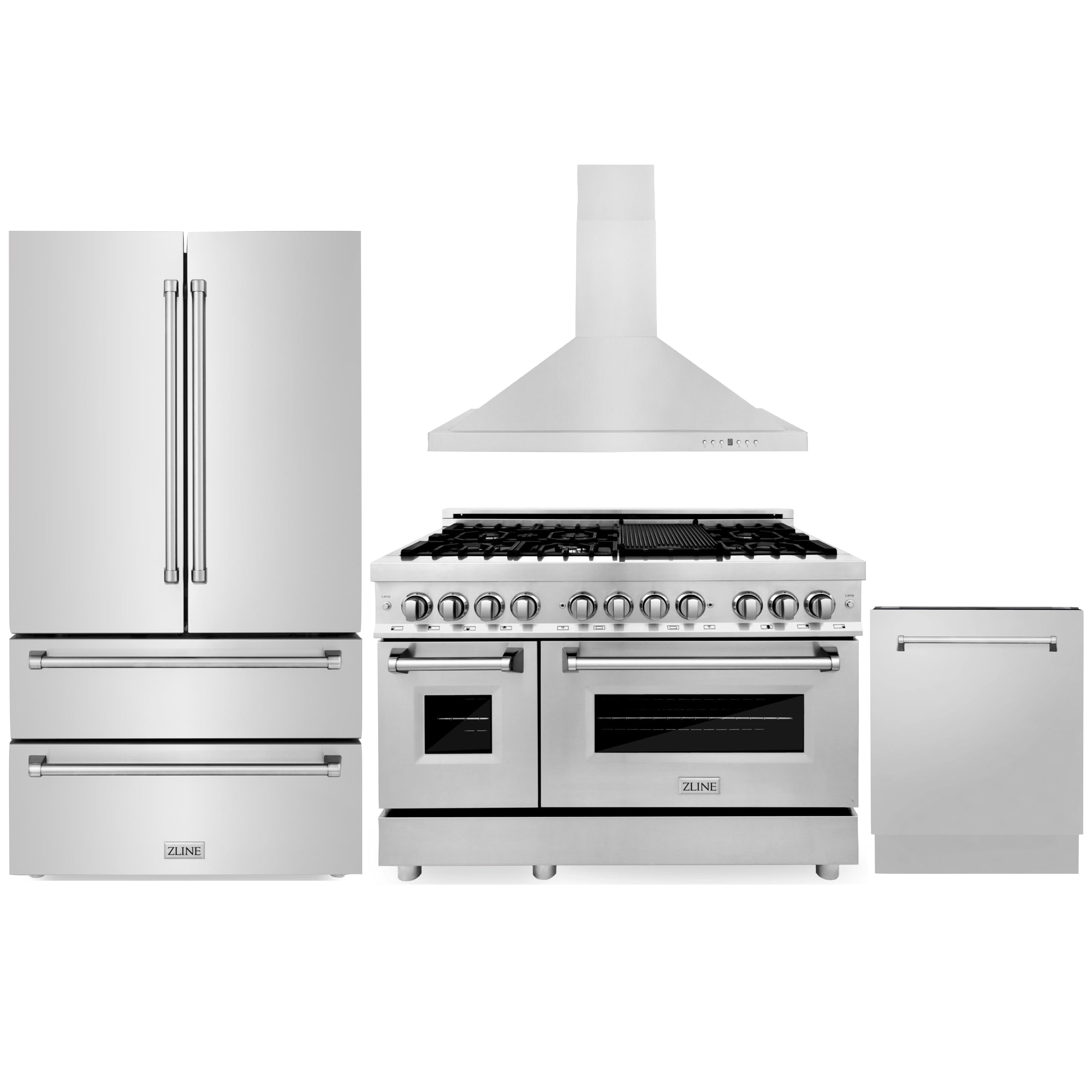 Stainless steel appliance package with range, refrigerator, and dishwasher