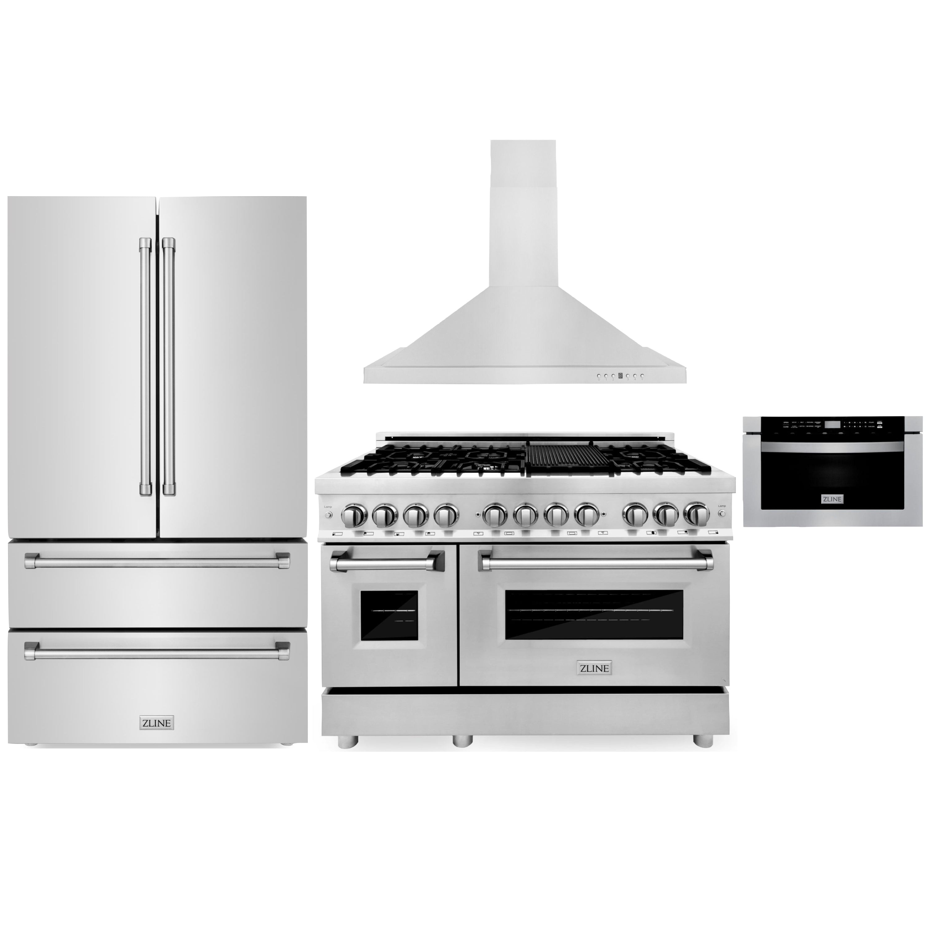Stainless dual fuel range with cooktop, overhead hood, and two ovens