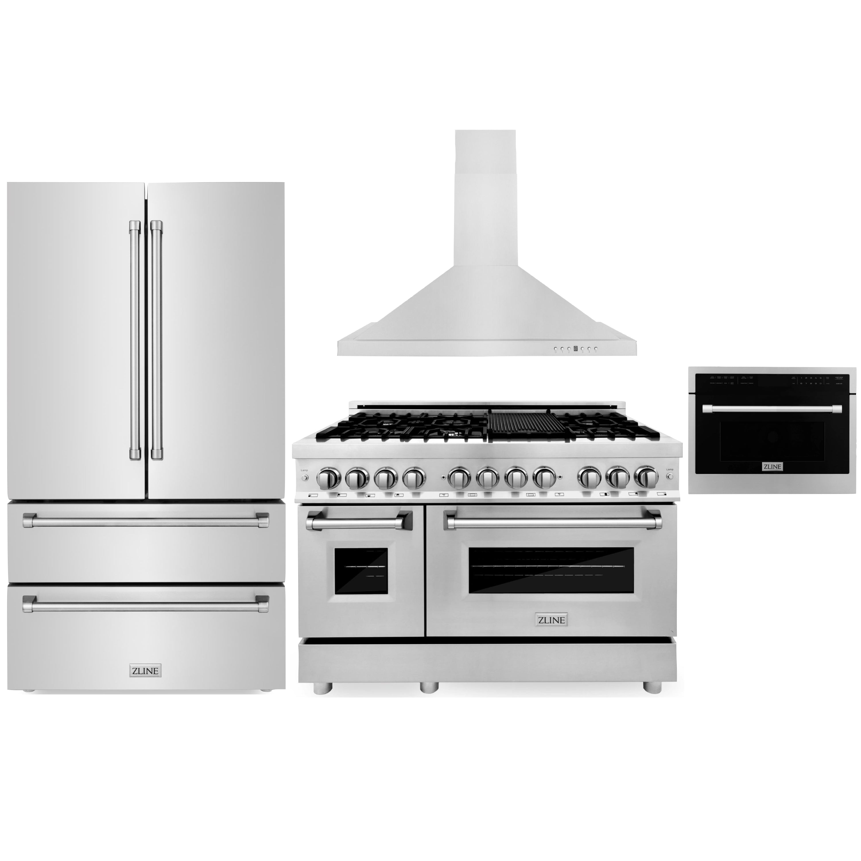 Stainless appliance package with dual fuel range, refrigerator, and range hood, front view