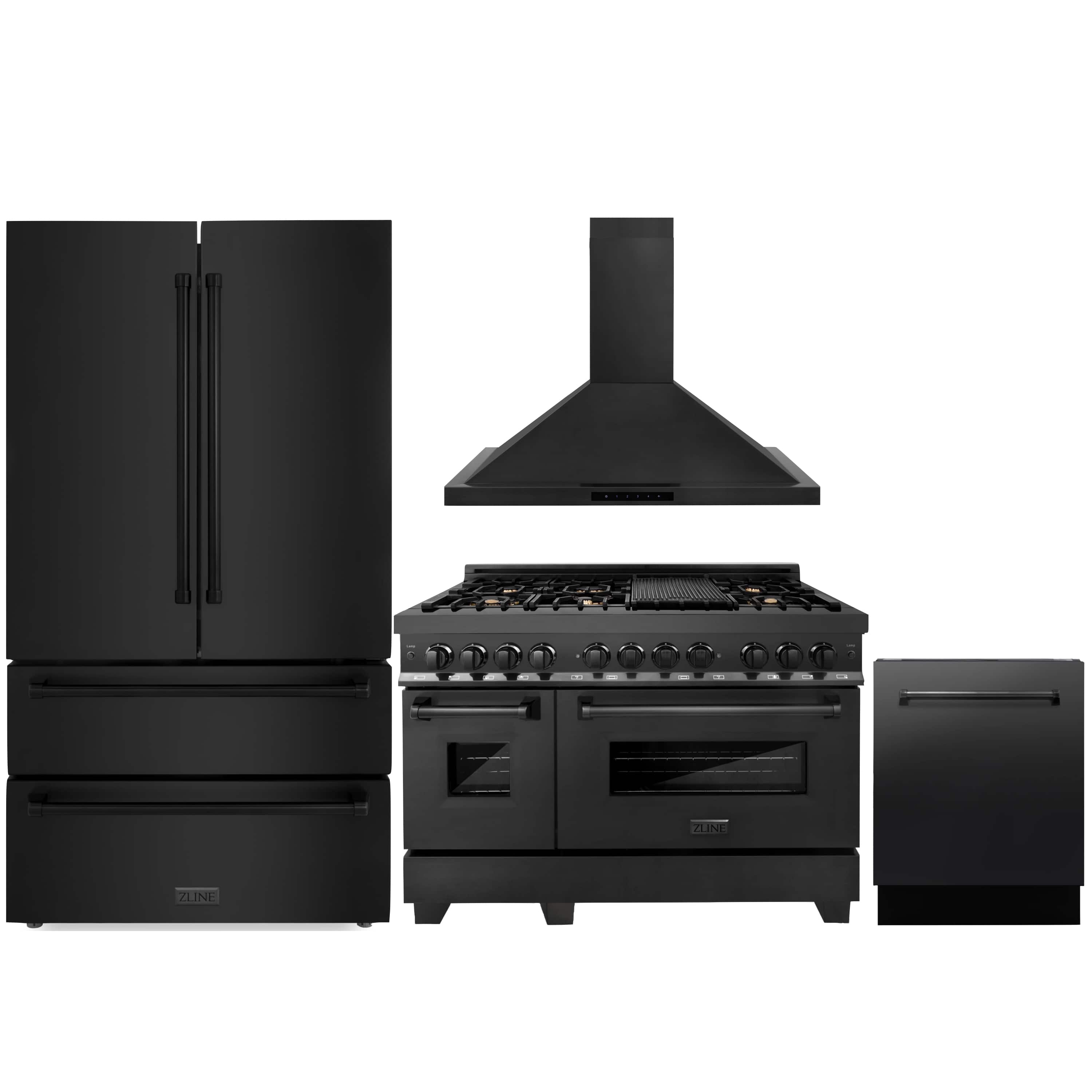 Black kitchen appliance package showing refrigerator, dual fuel range, and dishwasher