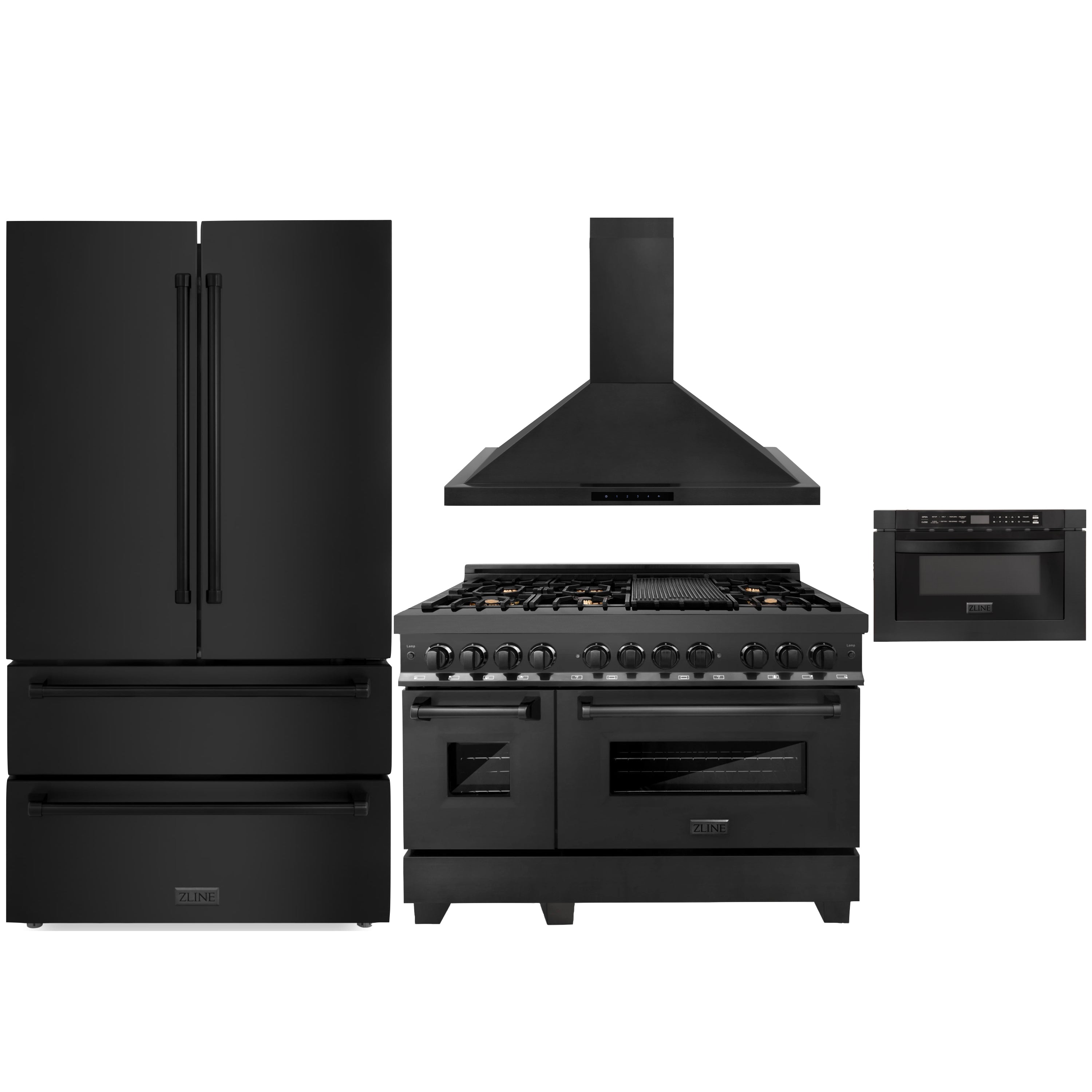 ZLINE black appliance package set with range, hood, refrigerator, and oven