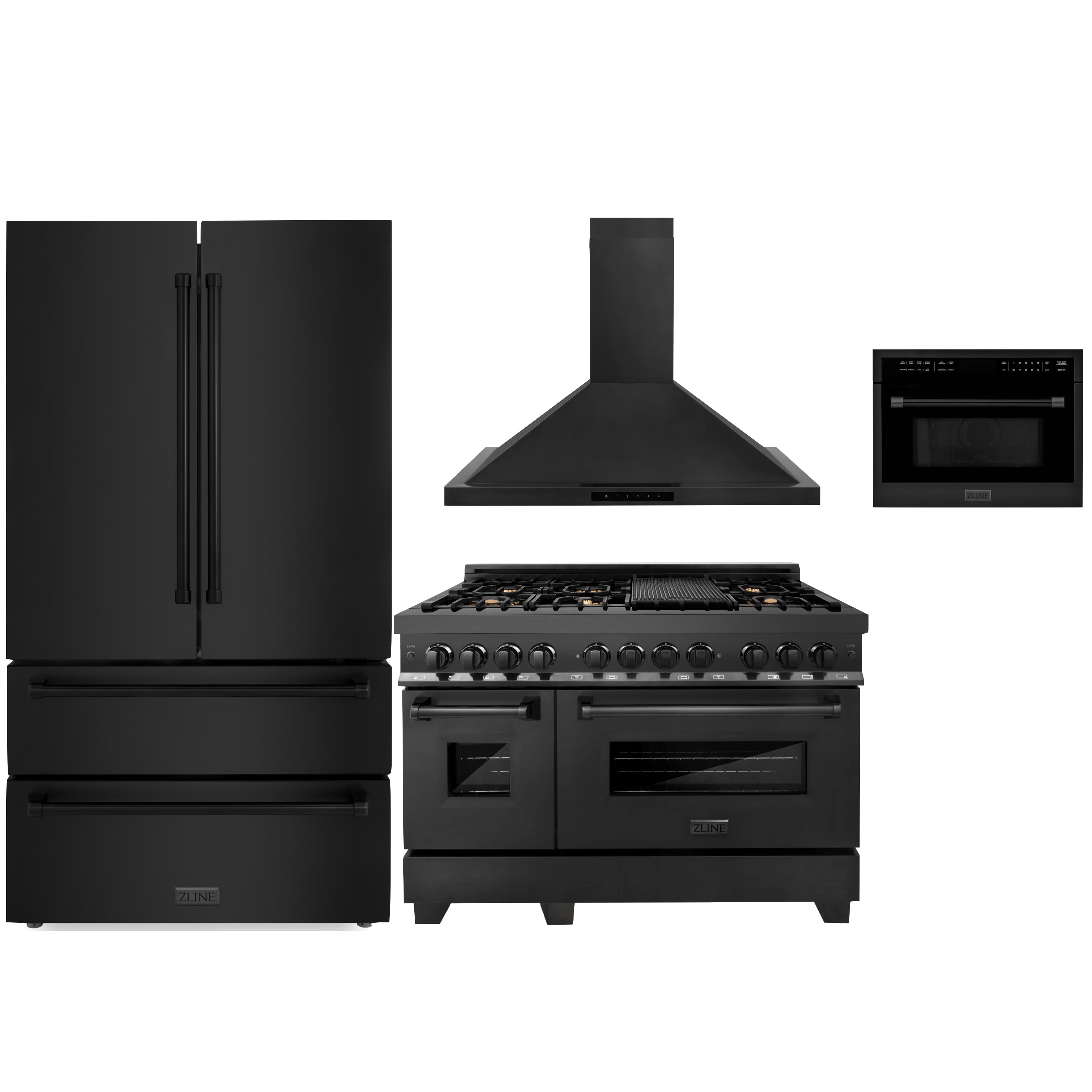 Black dual fuel range with griddle-style cooktop and chimney hood, front three-quarter view