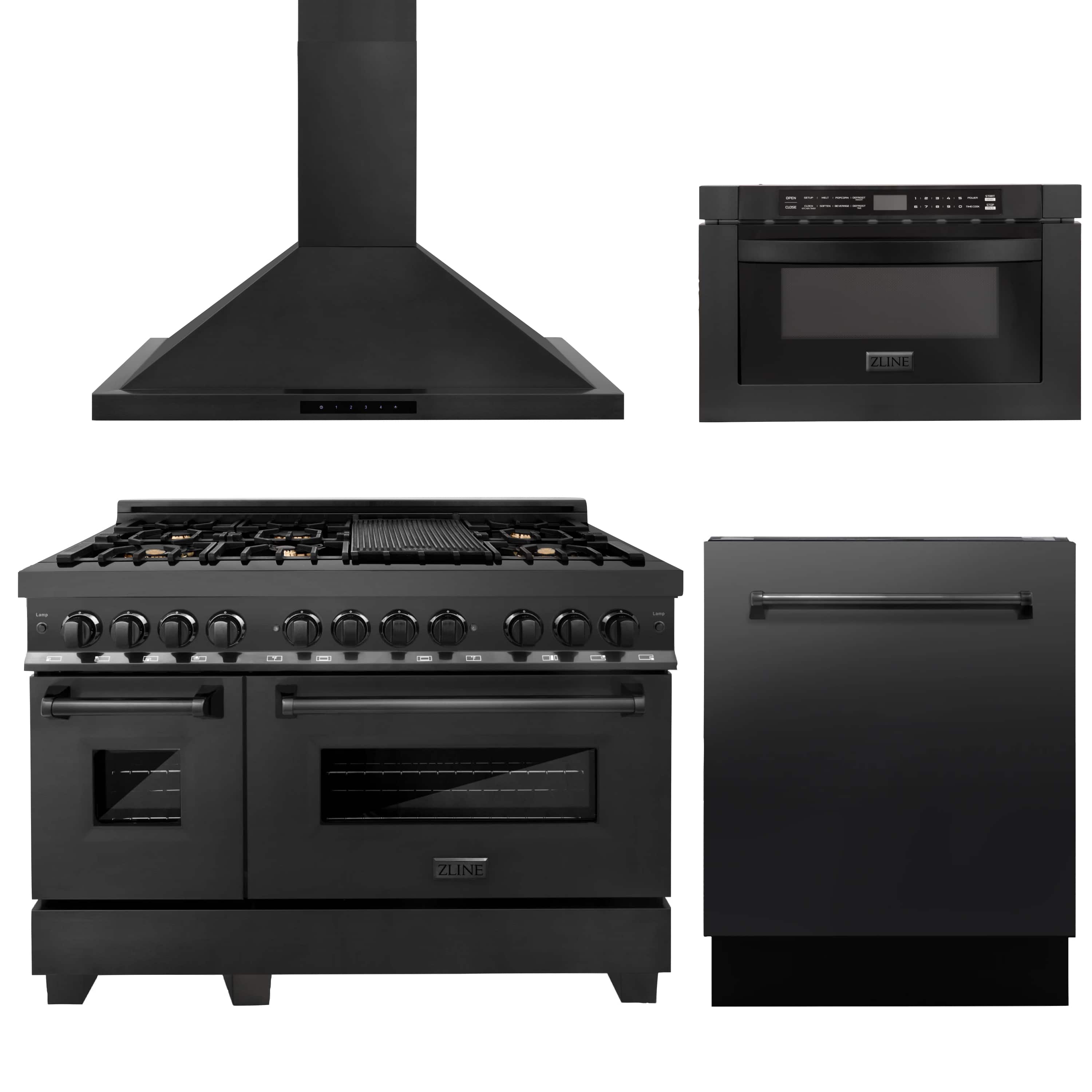 Four-piece black appliance package: range hood, dual-fuel range, microwave, and dishwasher