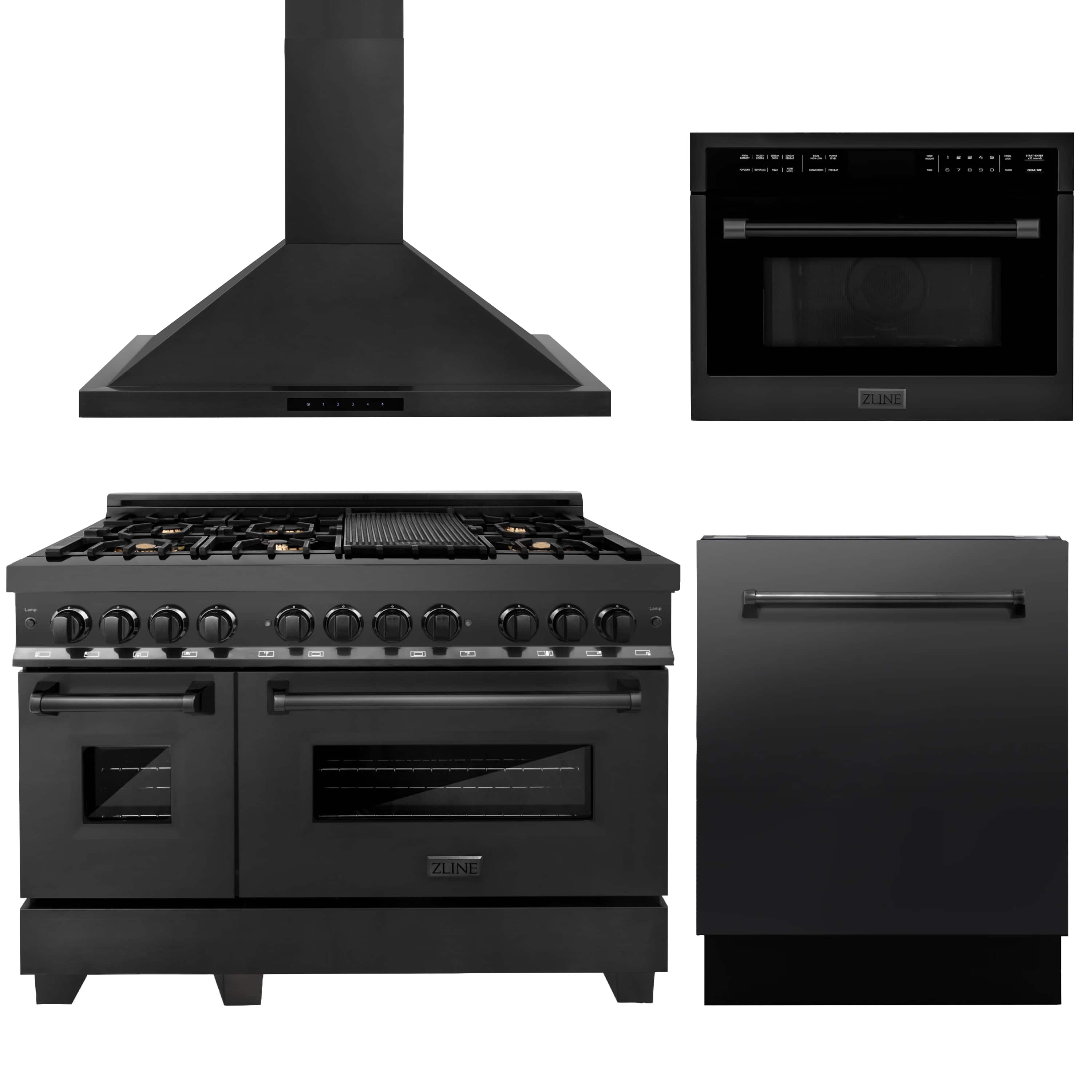 Kitchen appliance package showing dual fuel range, chimney hood, built-in oven and dishwasher