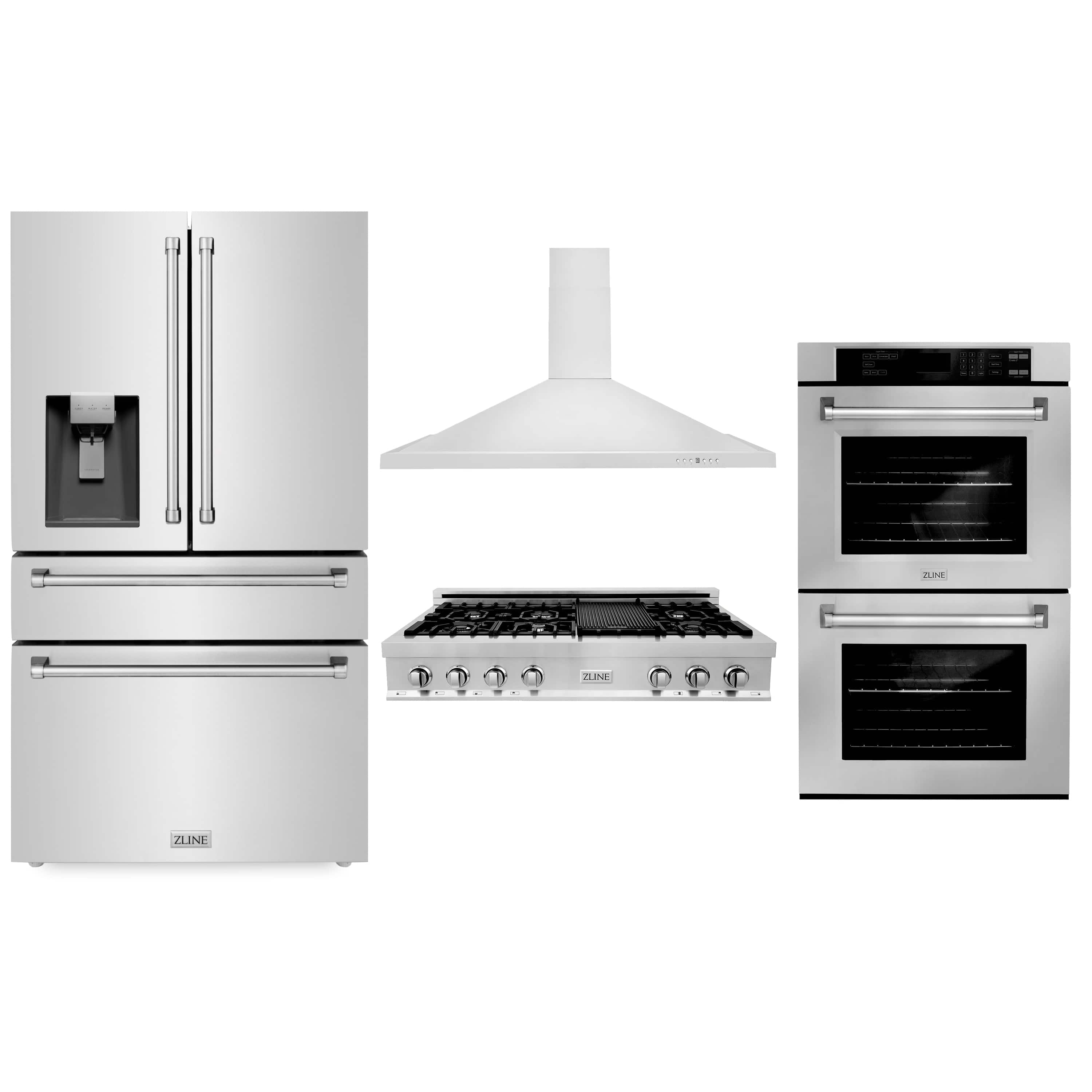 Stainless steel appliance package with refrigerator, gas range, hood, and cooktop