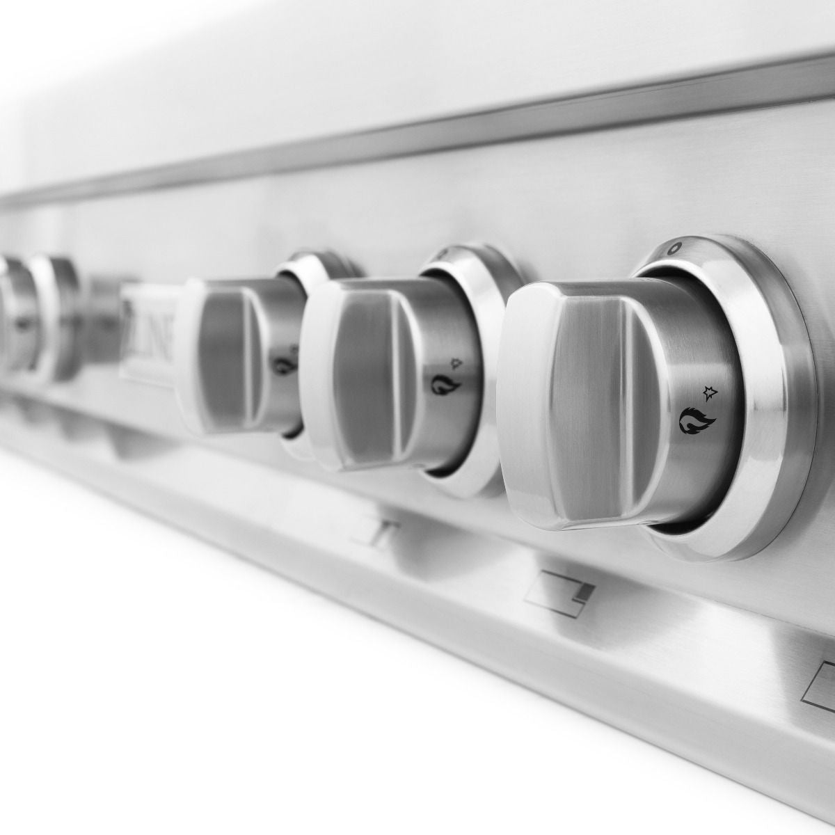 Stainless steel 48-inch rangetop with burner knobs and control markings