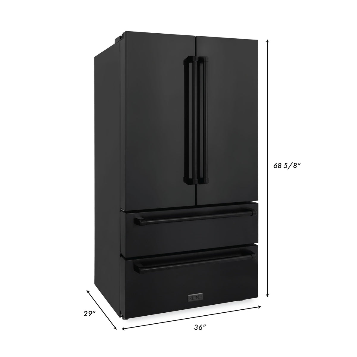 Black refrigerator with double doors and side handle, with dimension labels
