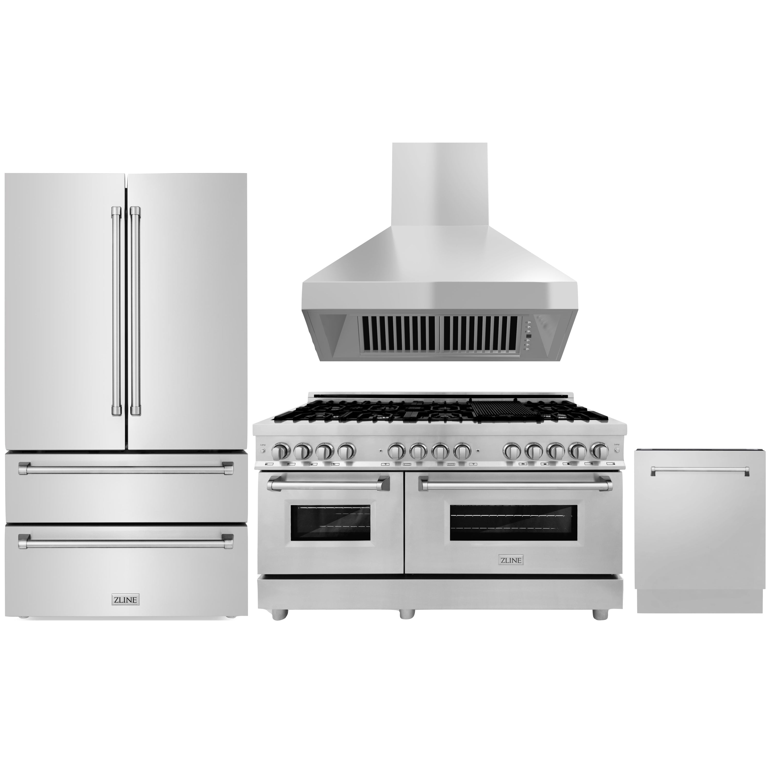 Stainless-steel dual fuel range with hood, oven doors, and control knobs
