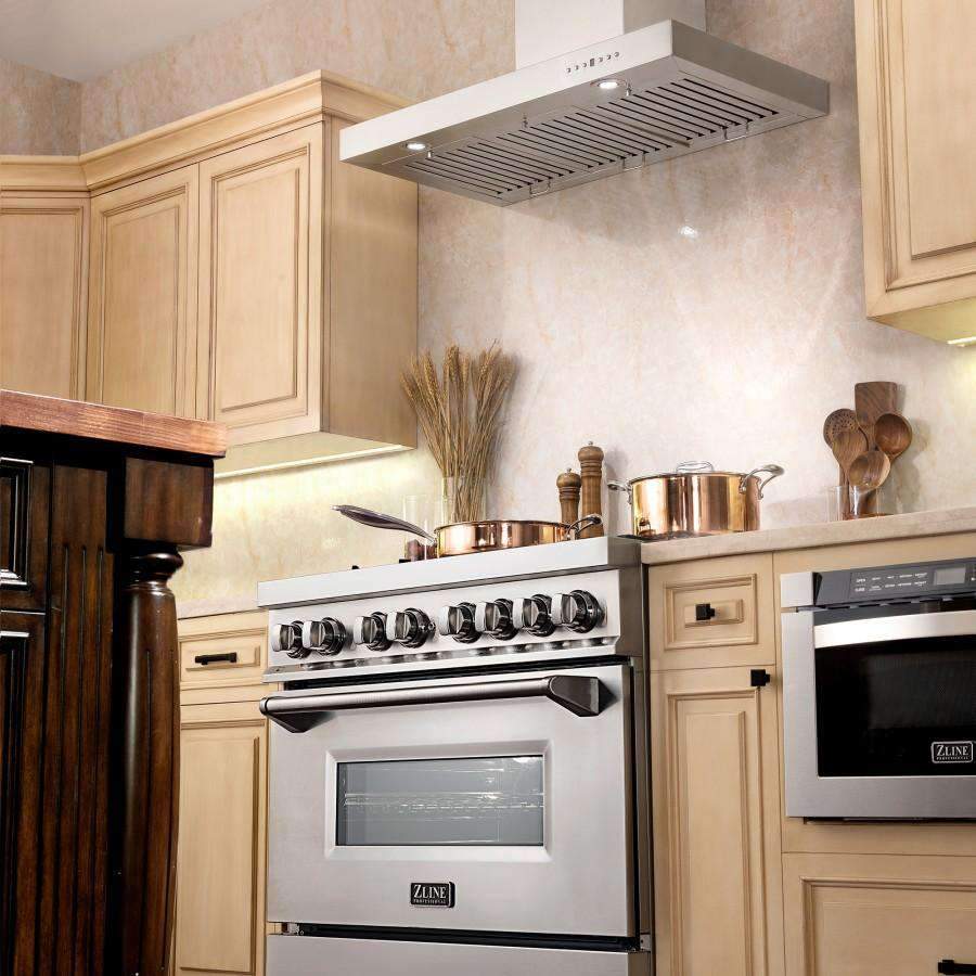 Stainless steel range hood over a gas cooktop with vent grille and canopy