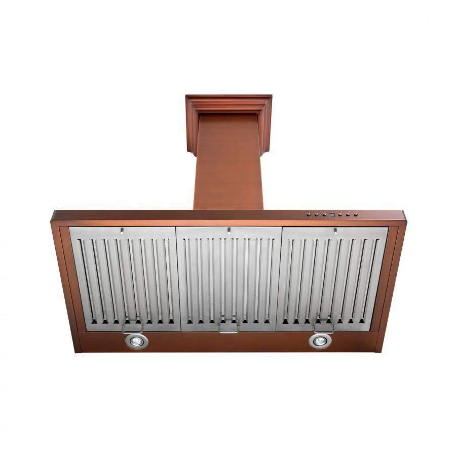 Copper-finish wall range hood with vent panel, chimney stack, and top control buttons