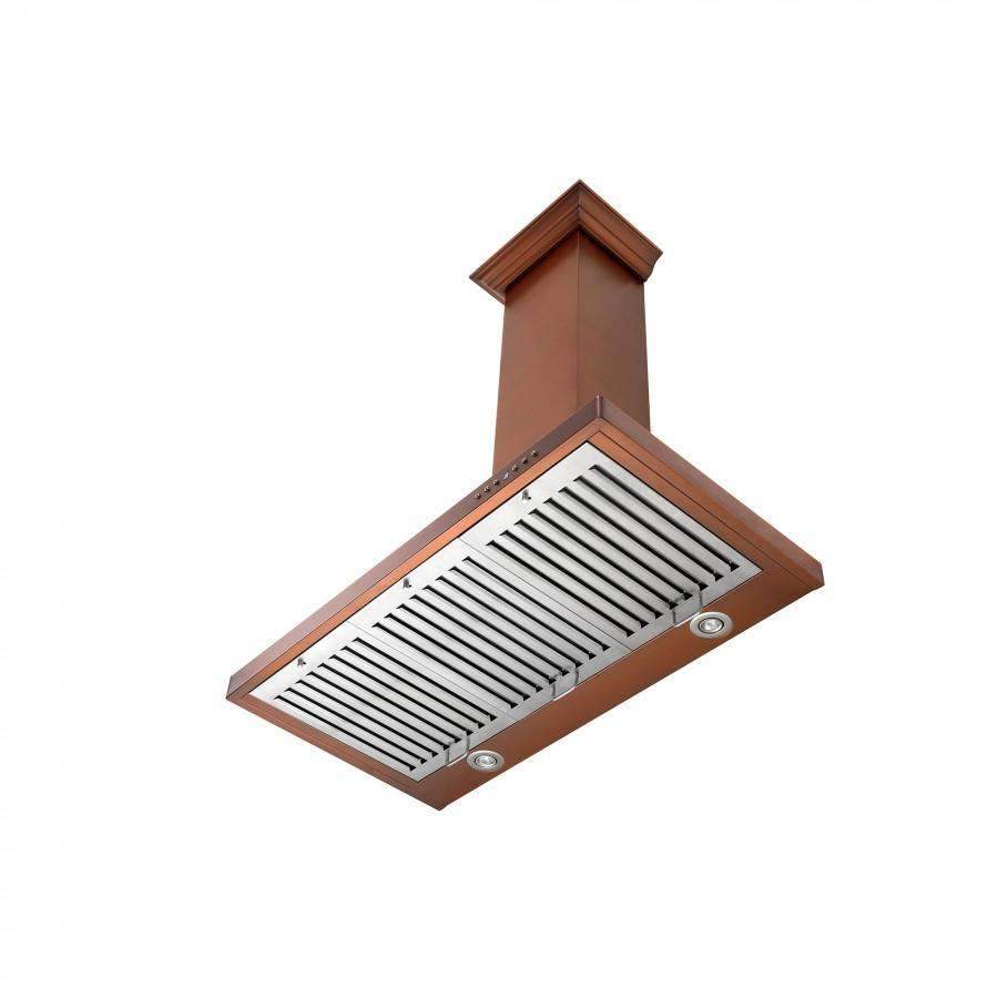 Copper-finish wall range hood canopy with stainless grille and two round control knobs