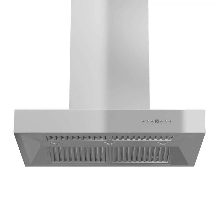 Stainless steel outdoor island range hood with ducted canopy and vent grille