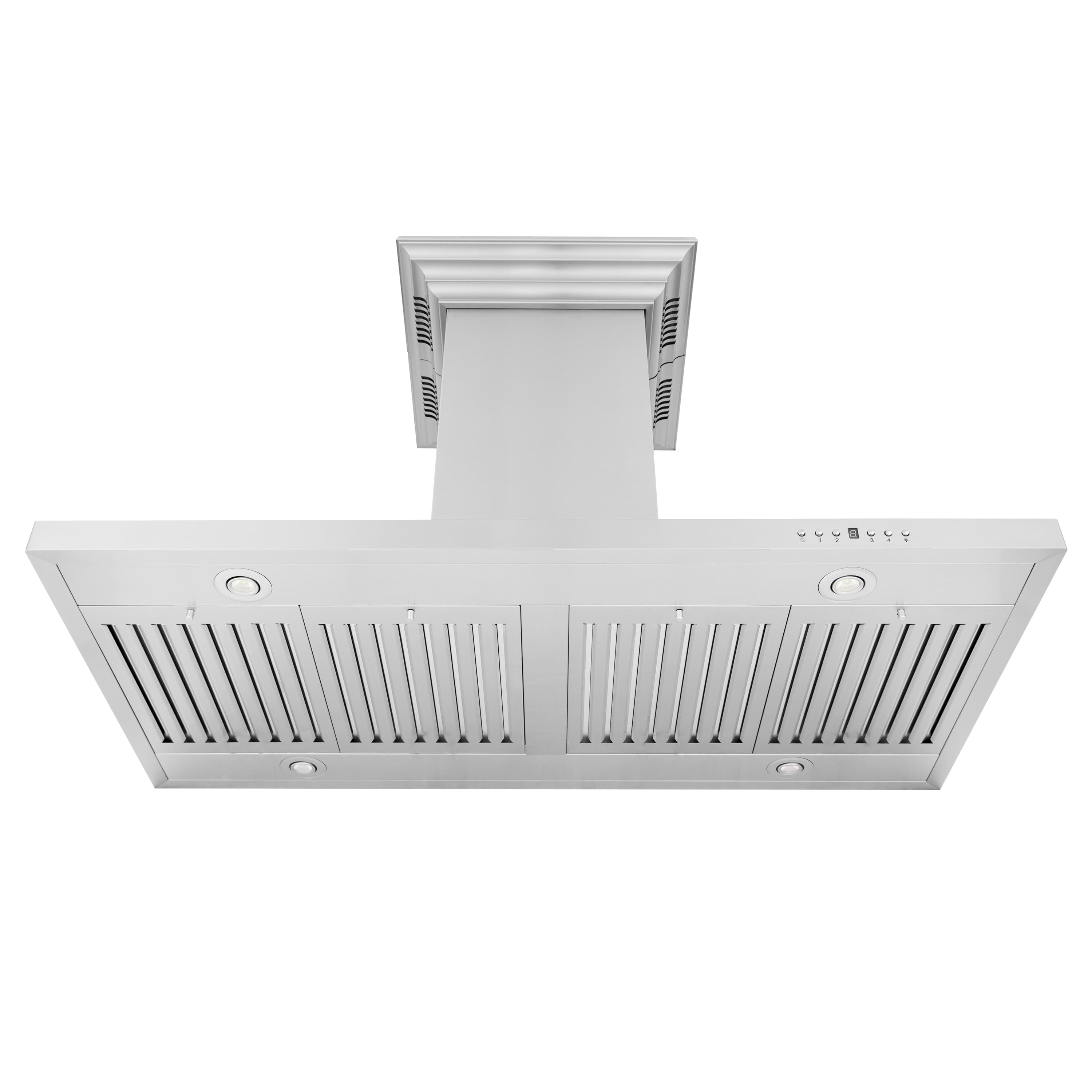 Underside stainless steel range hood with filter grille and recessed light openings